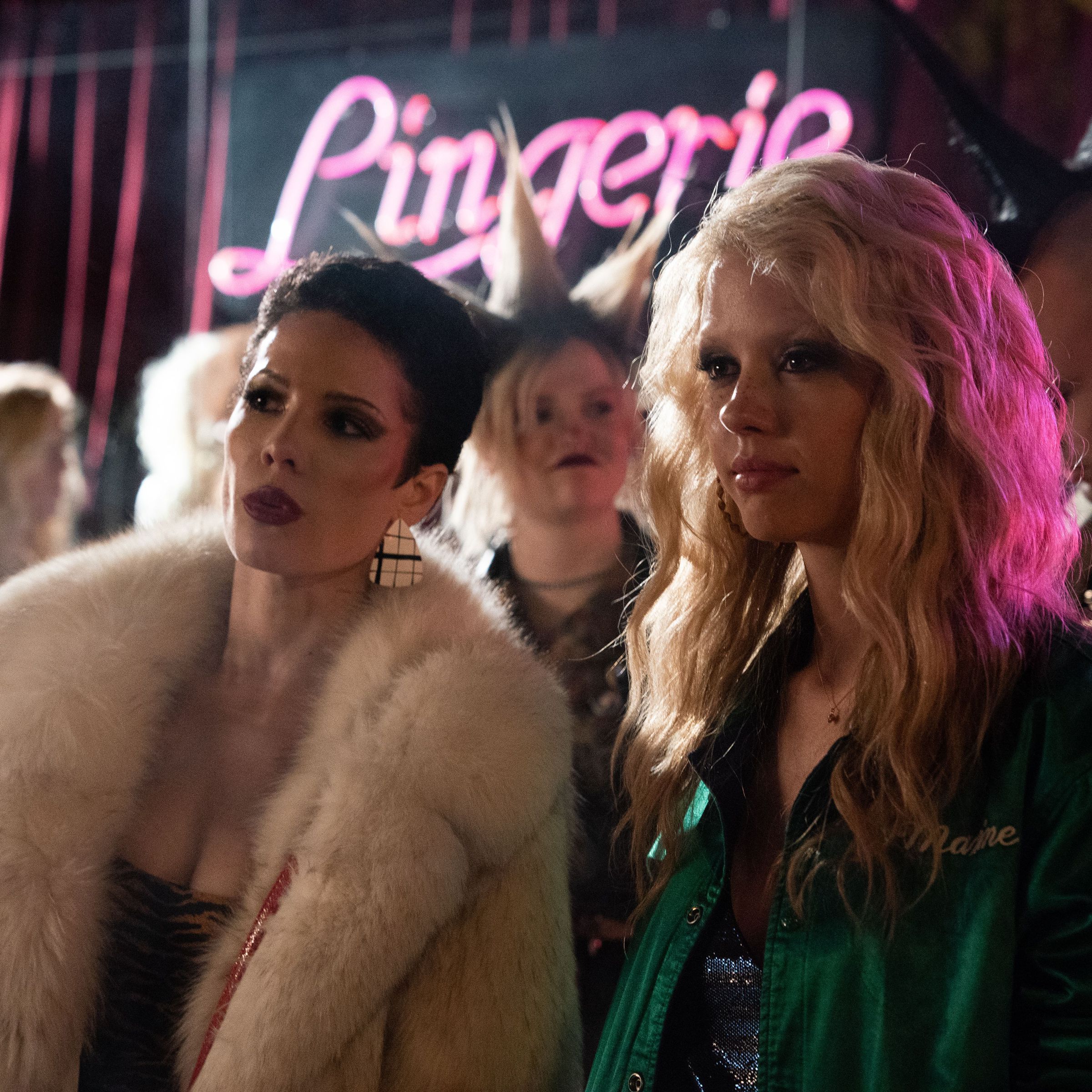 A still photo of Halsey and Mia Goth in the film Maxxxine.