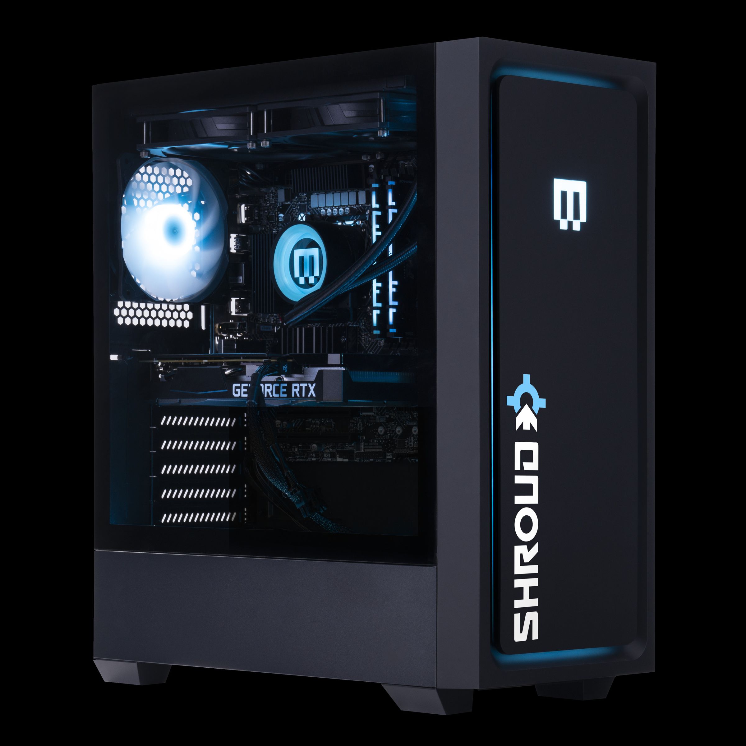 A blue-lit gaming PC with many fans on a black background with a big white Shroud logo on the front.