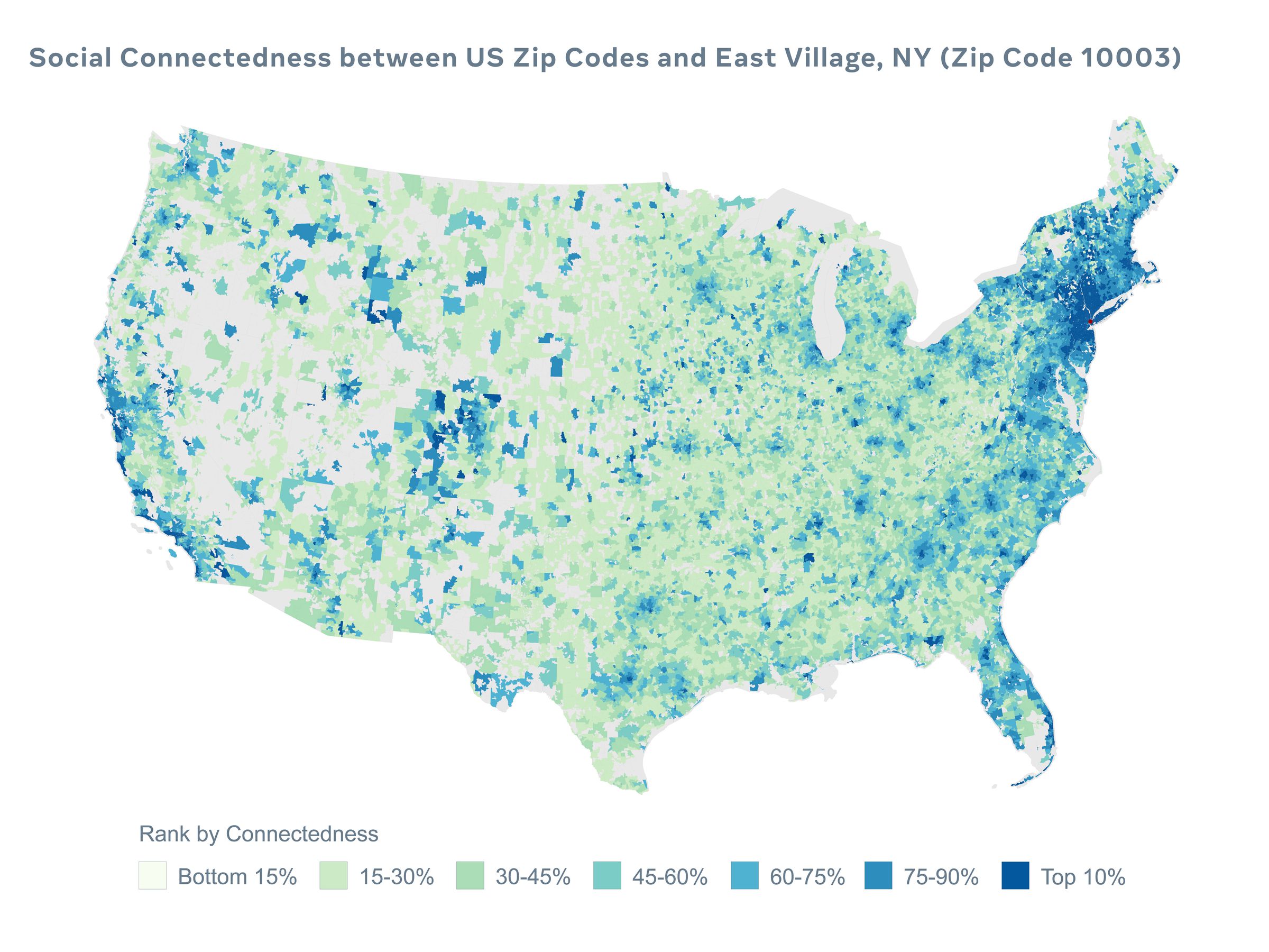 A map of social connectedness between ZIP codes in the United States