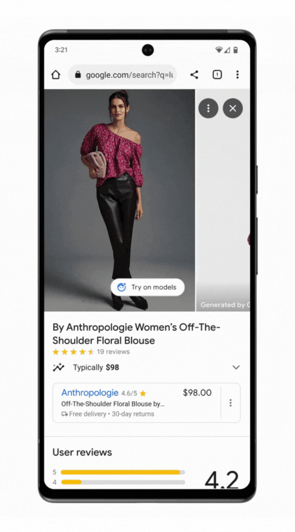 A GIF demonstrating how to use the new virtual try-on experience for Google Shopping. A selection of models can be seen below the listing, which a user can switch between.