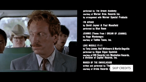 A gif of a TV playing the end credits of various movies on Plex. A “Skip Credits” button is seen on the lower right-hand corner of the screen.