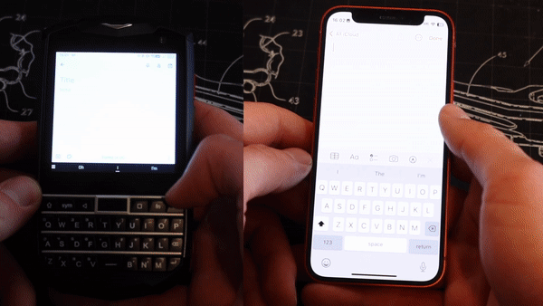 GIF showing the process of launching an app using both the Unihertz Titan and the iPhone.