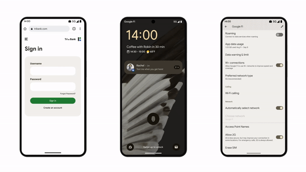 Animated GIF showing three Android screens with examples of new enterprise security tools like the credential manager, six-digit PIN unlock and a settings toggle to block 2G connections