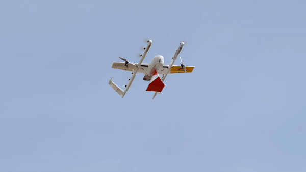 A gif showing a Wing drone lowering a DoorDash package to the ground.