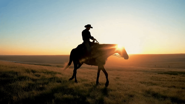 A brief GIF showing a cowboy riding a horse at sunset.