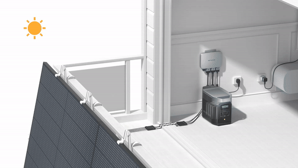 Balcony-mounted solar panels feed the sun’s energy through the PowerStream microinverter and back into a battery and / or the home over a regular AC outlet. A special flat cable allows the window to close. GIF: EcoFlow 