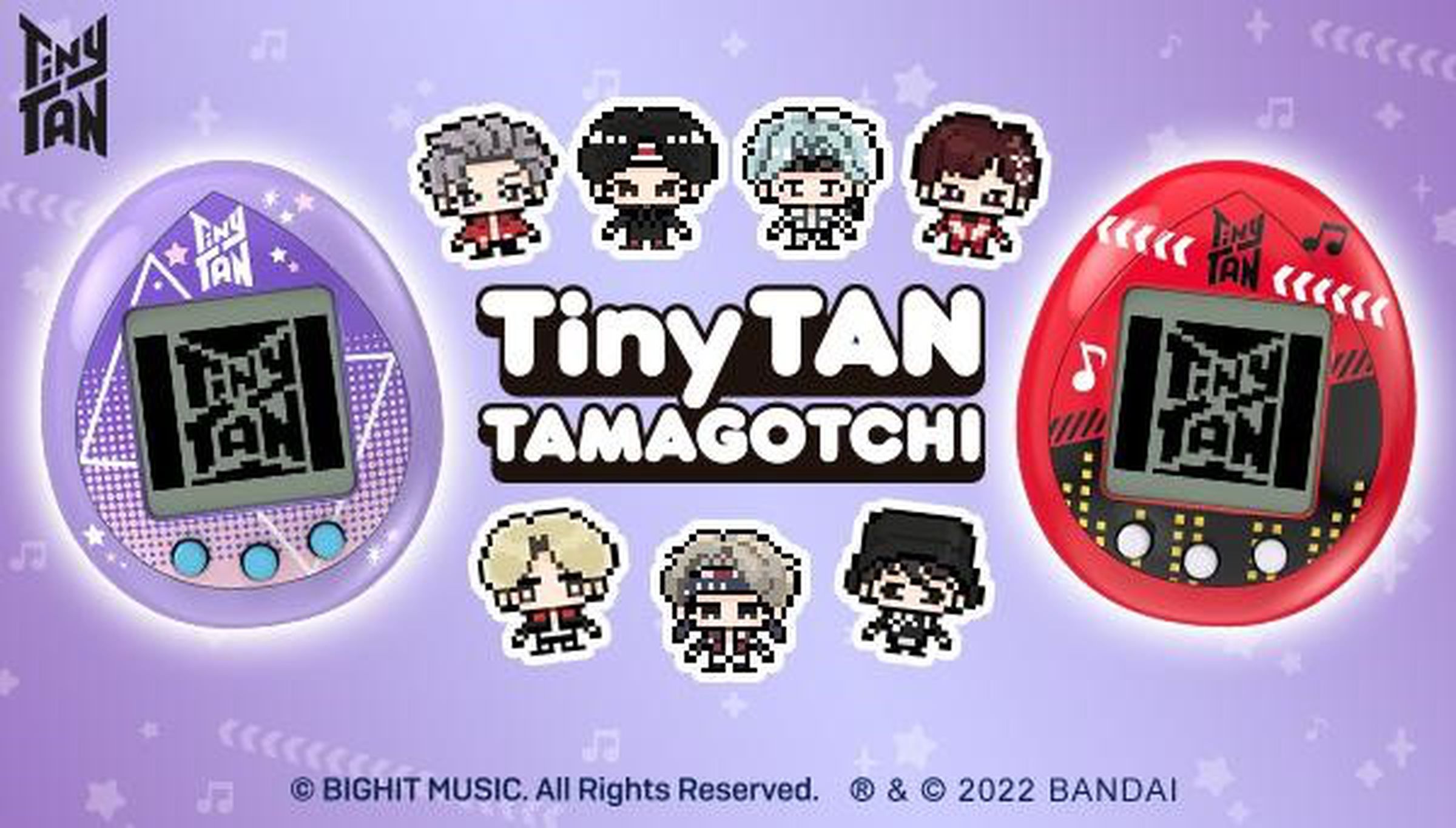 Purple and red models of the TinyTan Tamagotchi on a purple background. Between them are the seven TinyTan Tamagotchi characters and the text TinyTan Tamagotchi. In the top left corner is the TinyTan logo.