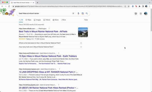Gif showing how to use the Google search sidebar, with someone going through different results, and then changing the search entirely.