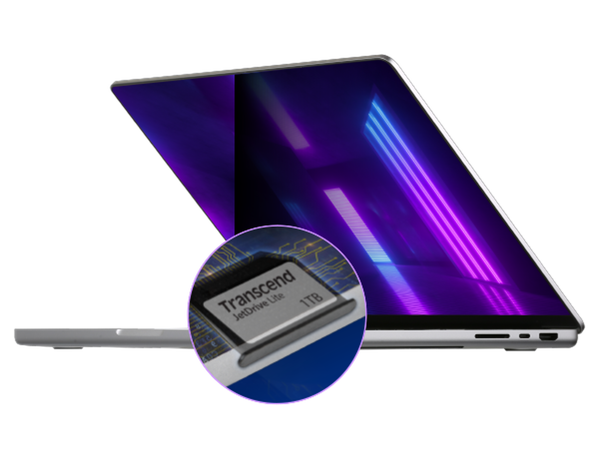 A MacBook Pro seen from the side with a neon purple background on the screen half open on a white background. Overtop is a small close-up of a 1TB Transcend JetDrive lite.