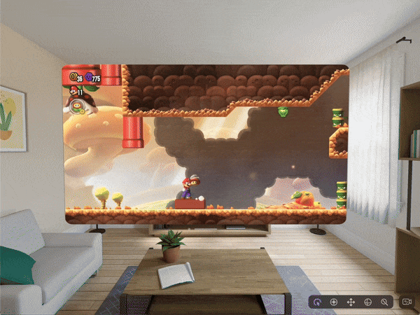 visionOS simulator showing capture from HDMI input of a Nintendo Switch playing Super Mario Bros. Wonder.