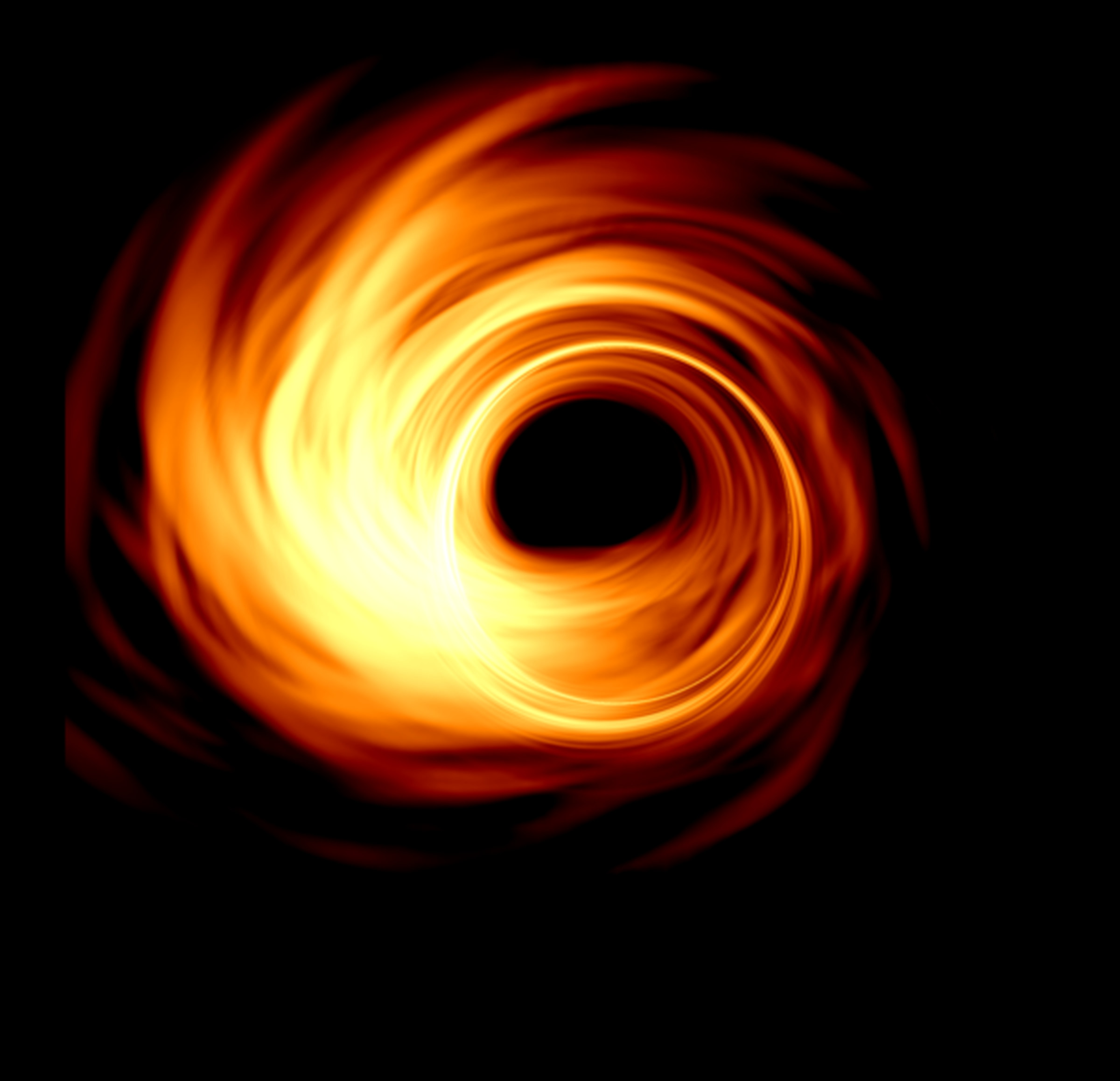 A simulation of the swirling disc of gas and dust around the black hole.