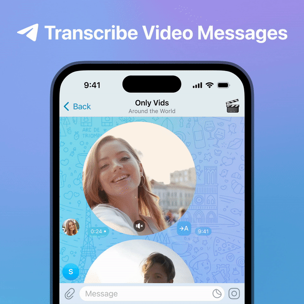 Telegram sesten metne transkripsiyon özelliğinin video mesajlarıyla nasıl çalıştığını gösteren bir telefon ekranını gösteren bir gif.