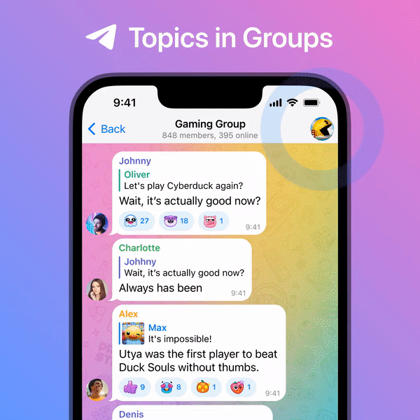 Telegram'daki Konular özelliğini gösteren bir cep telefonunun gif'i. Gösteri, bir Grup Konusunun nasıl etkinleştirileceğini ve oluşturulacağını gösterir.
