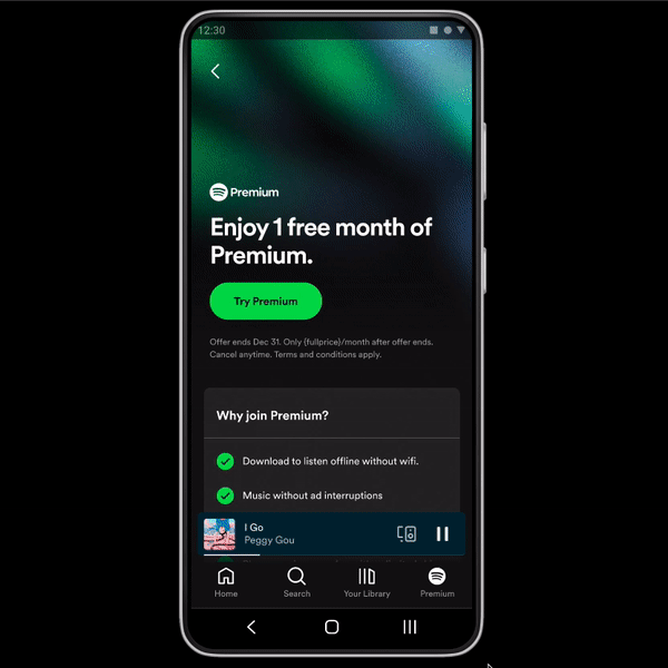 Spotify'ın Android uygulaması için Kullanıcı Seçimi Faturalandırma iş akışını gösteren bir GIF.