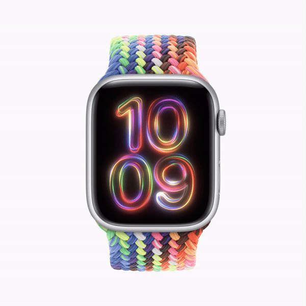 An animated GIF showing the updated pride band and watchface, which features bubbly, fluorescent numbers with colors sliding around on them.
