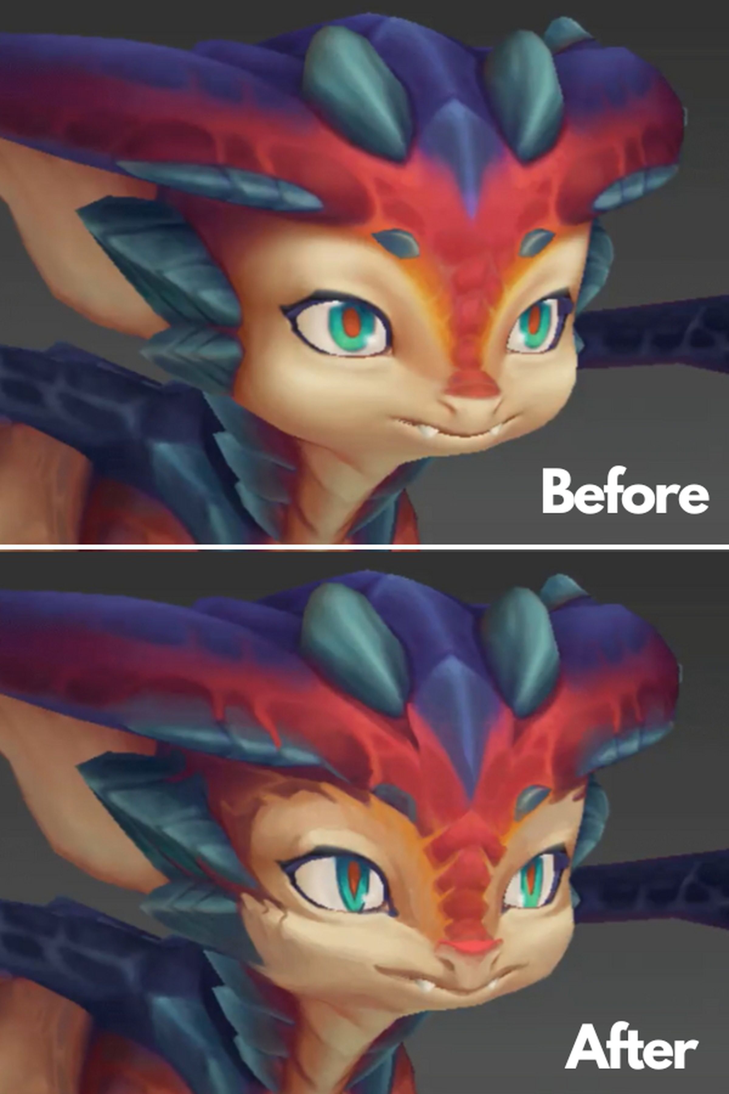 A before and after comparison of Smolder’s redesign from League of Legends.