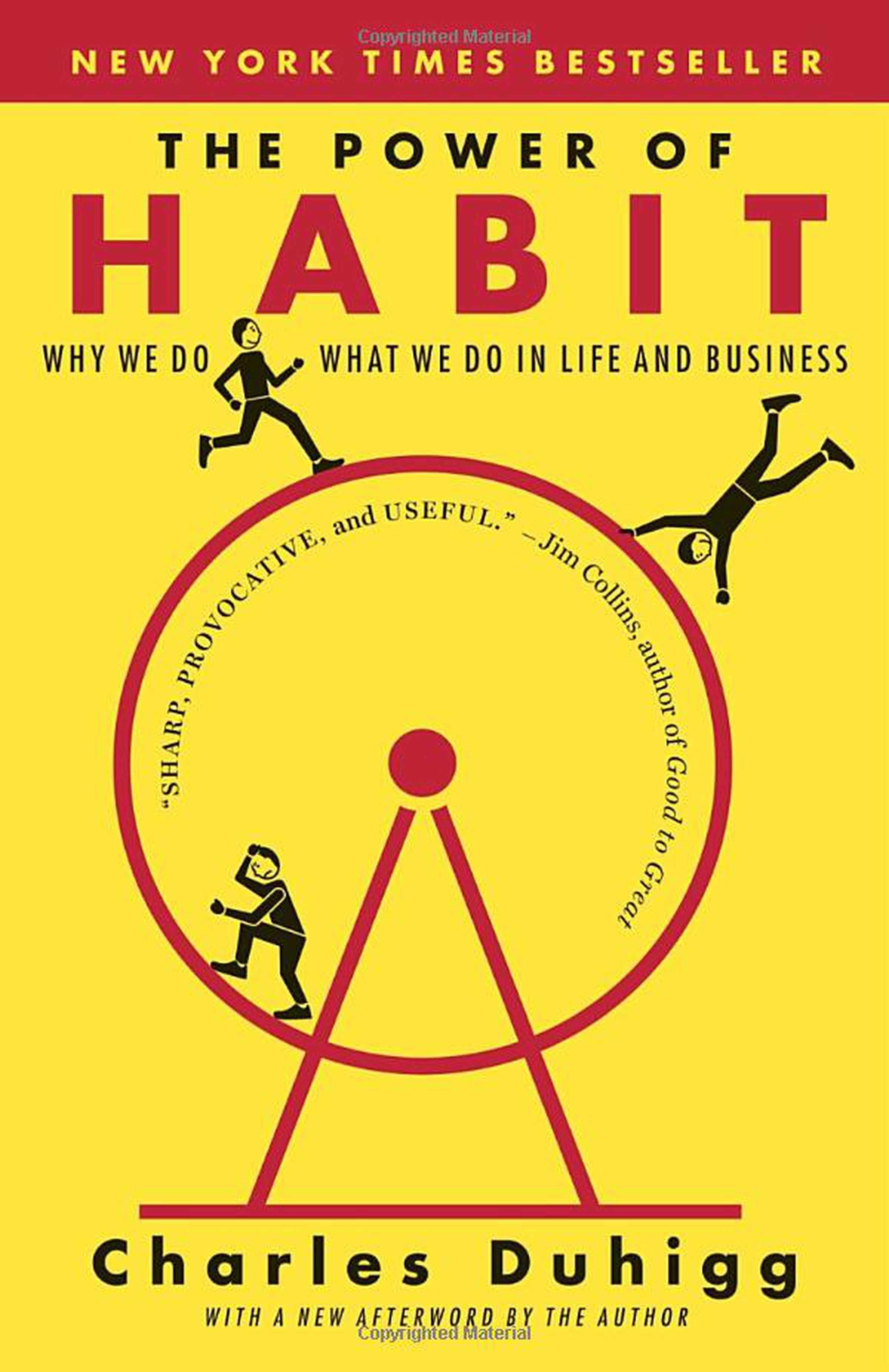 Book cover for The Power of Habit: a circle with three figures dancing around it against a yellow background
