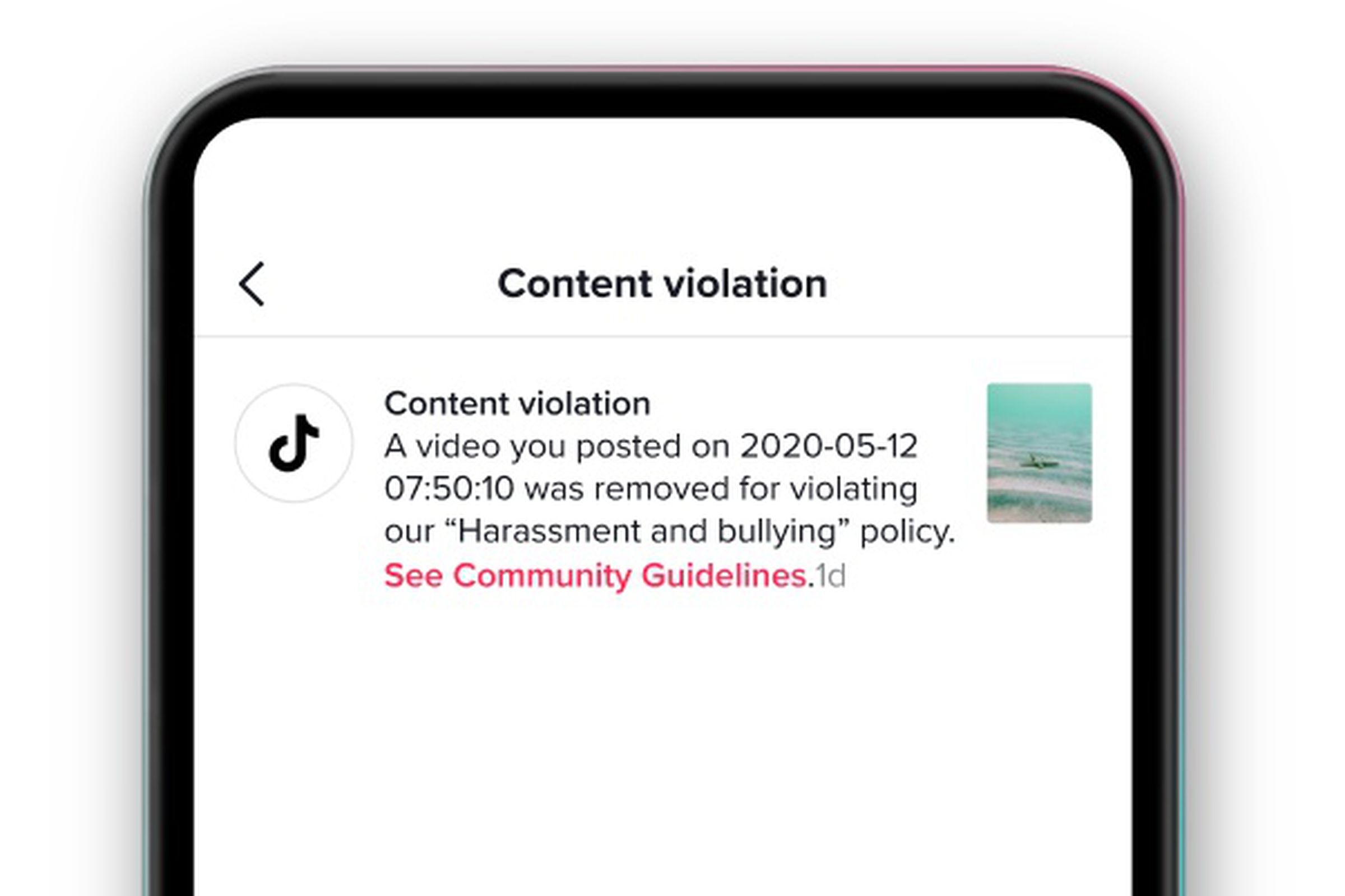 Here’s what TikTok’s new content violation notifications look like. The only real change is the name of the specific policy.