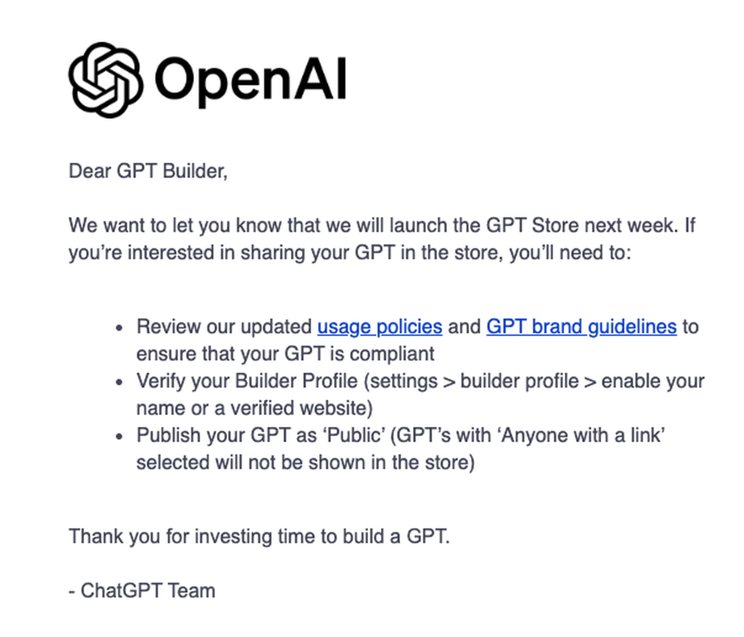 Email from OpenAI on GPT Store