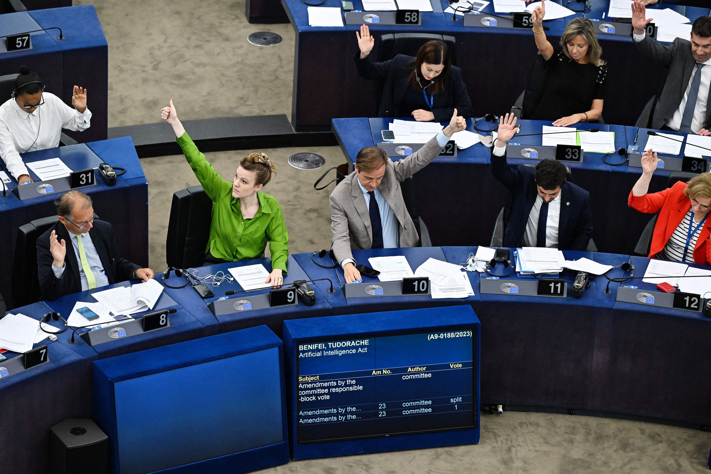 Members of the European Parliament take part in a voting session about Artificial Intelligence Act during a plenary session at the European Parliament in Strasbourg, eastern France, on June 14, 2023