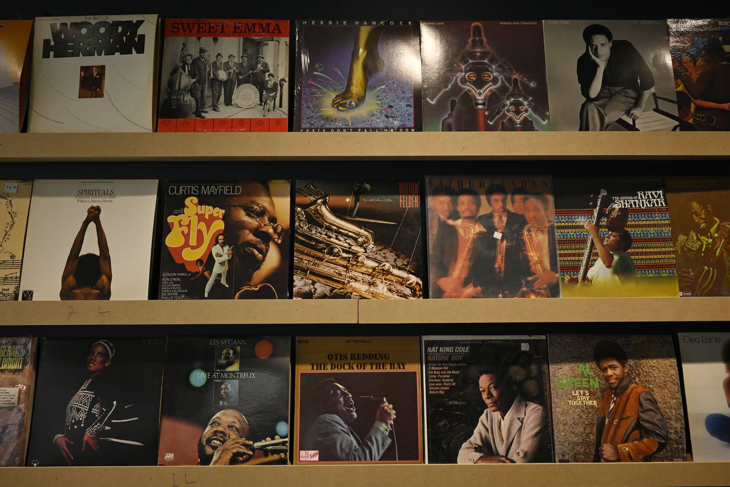 A row of sheleves displaying vinyl record covers.