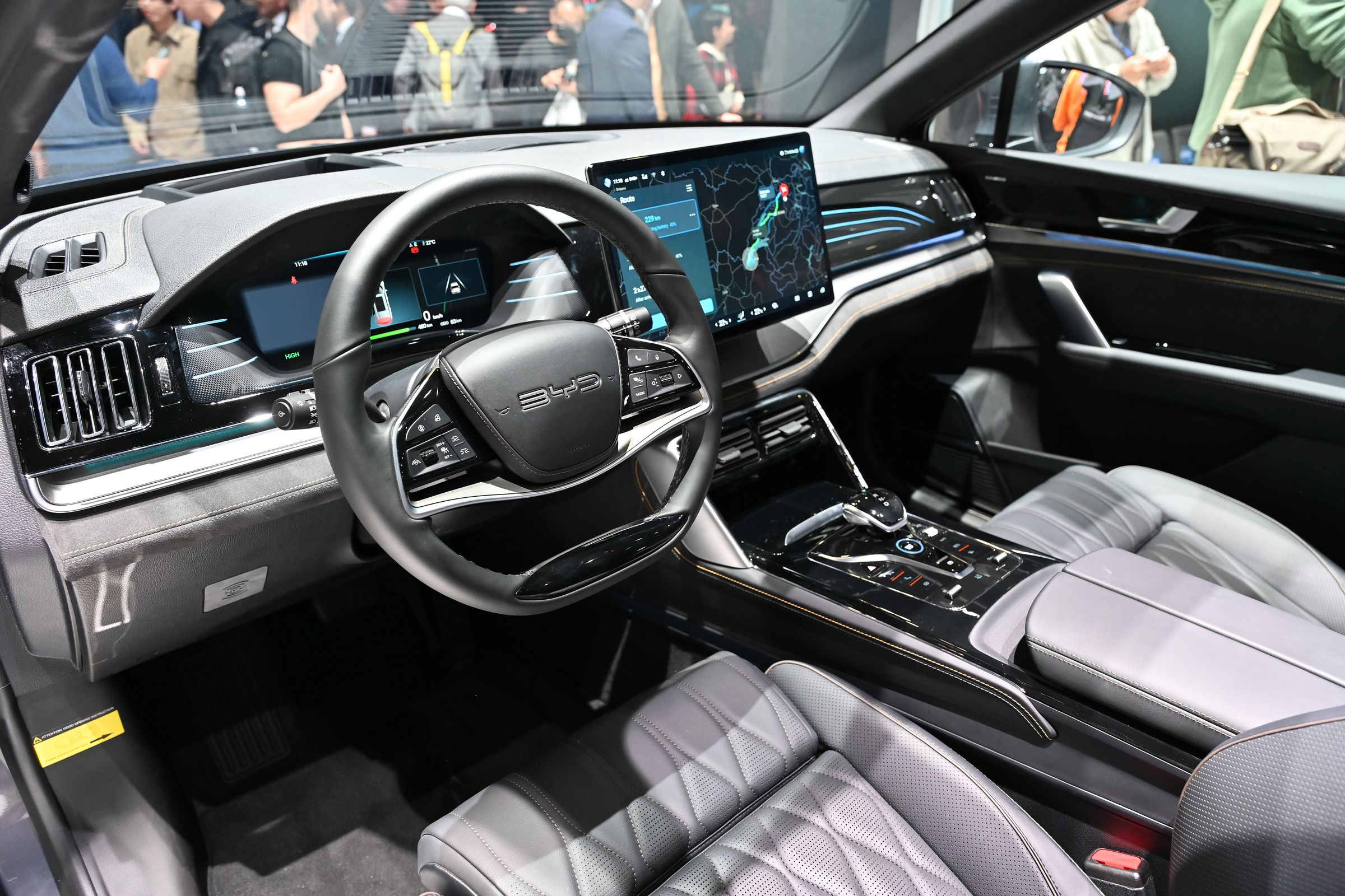 The interior of a BYD Tang all Electric EV car is displayed during the Geneva Motor Show 2024 at Palexpo on February 26, 2024