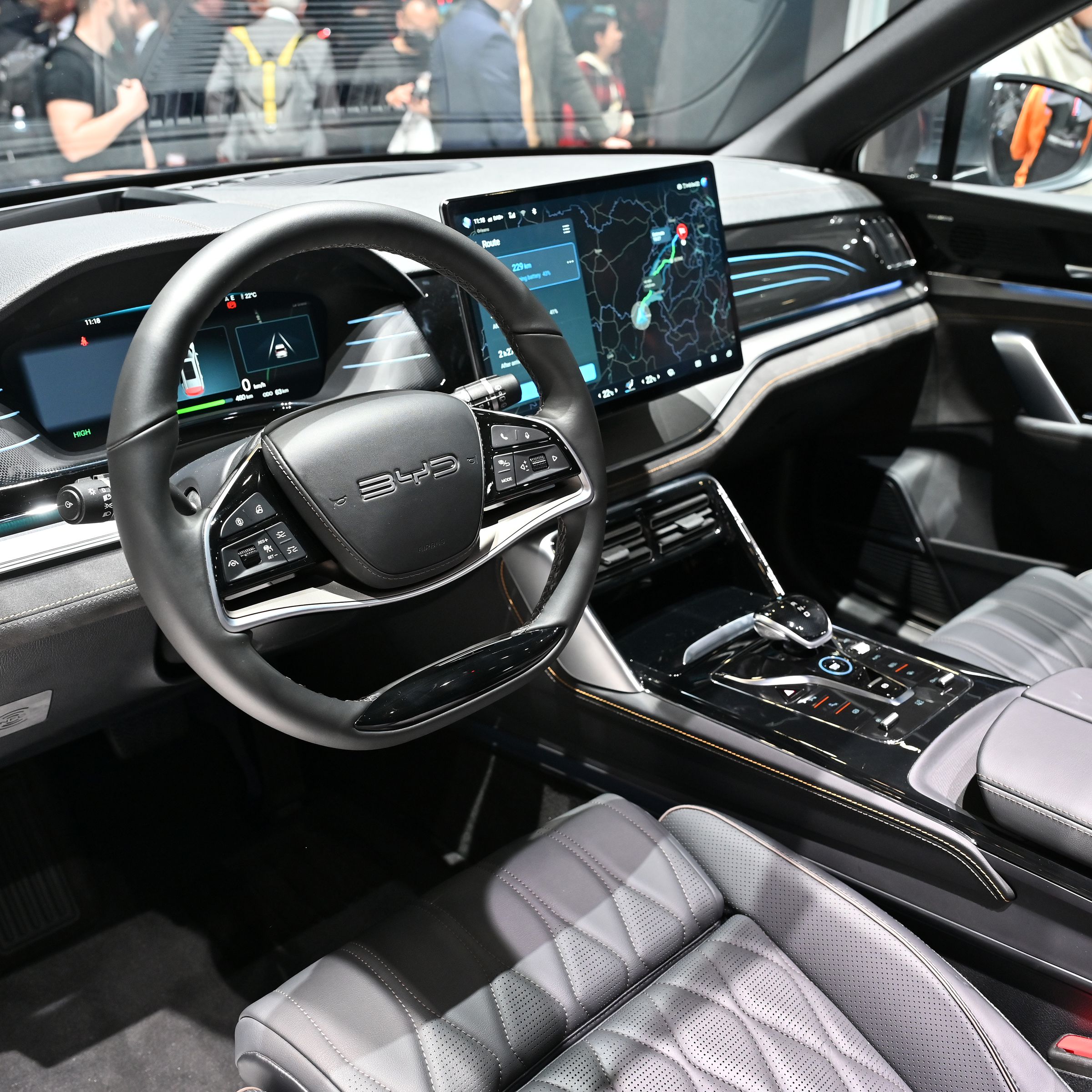 The interior of a BYD Tang all Electric EV car is displayed during the Geneva Motor Show 2024 at Palexpo on February 26, 2024