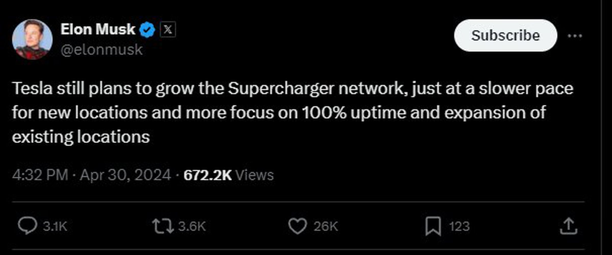 Elon Musk tweet reading “Tesla still plans to grow the Supercharger network, just at a slower pace for new locations and more focus on 100% uptime and expansion of existing locations”