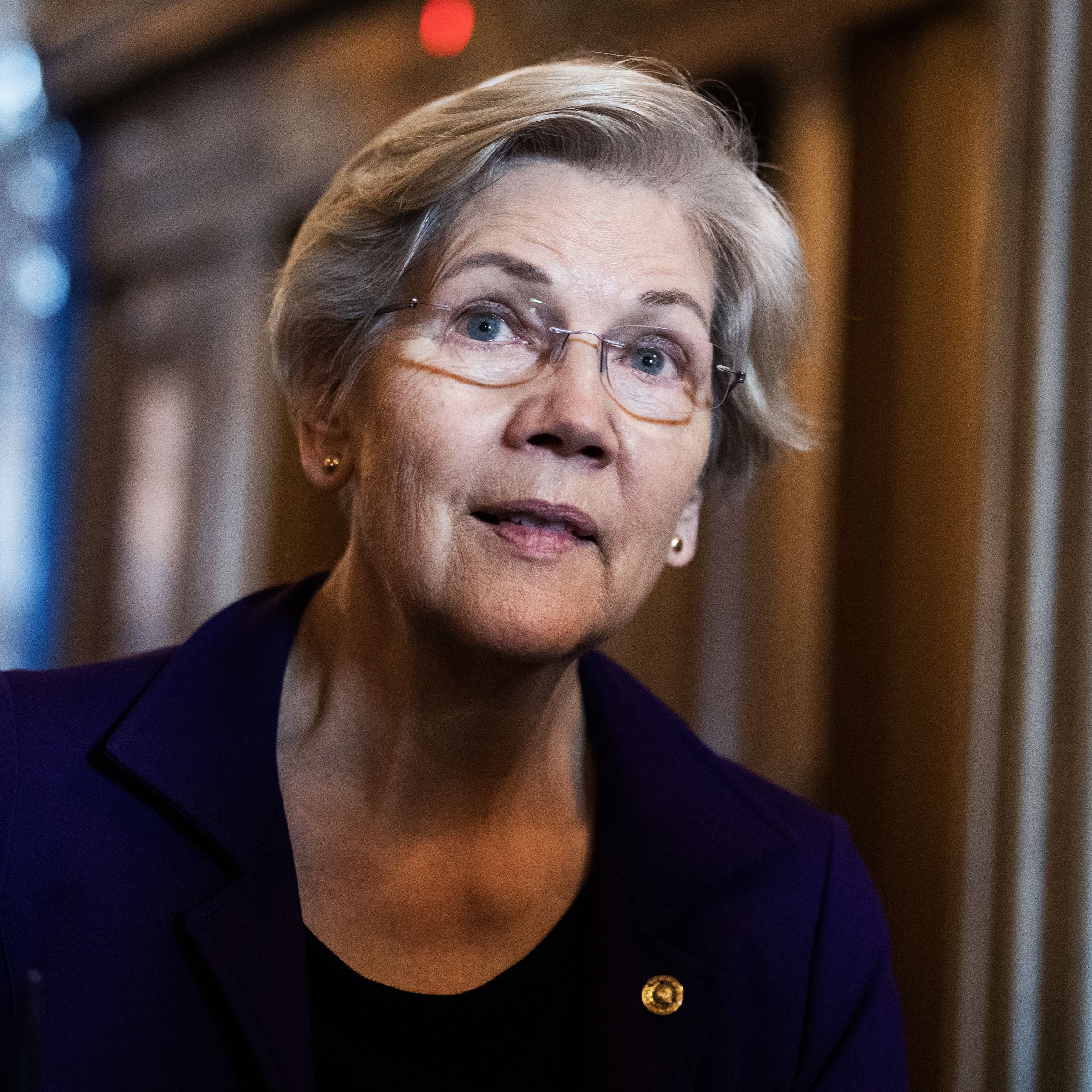A candid photo of Elizabeth Warren’s face.
