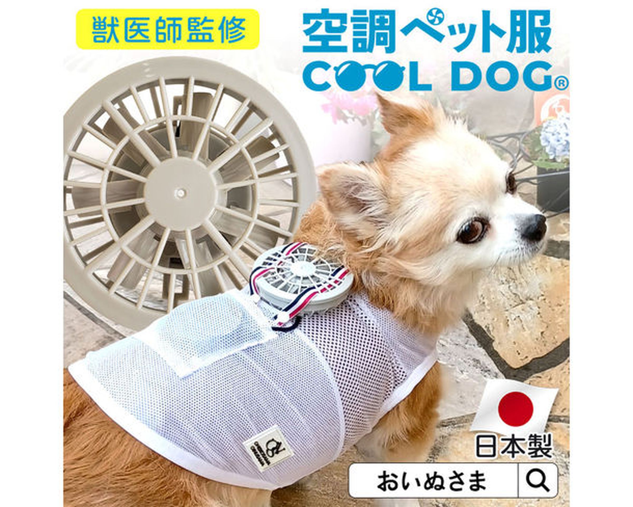 A small dog wearing a shirt with a fan attached to the back