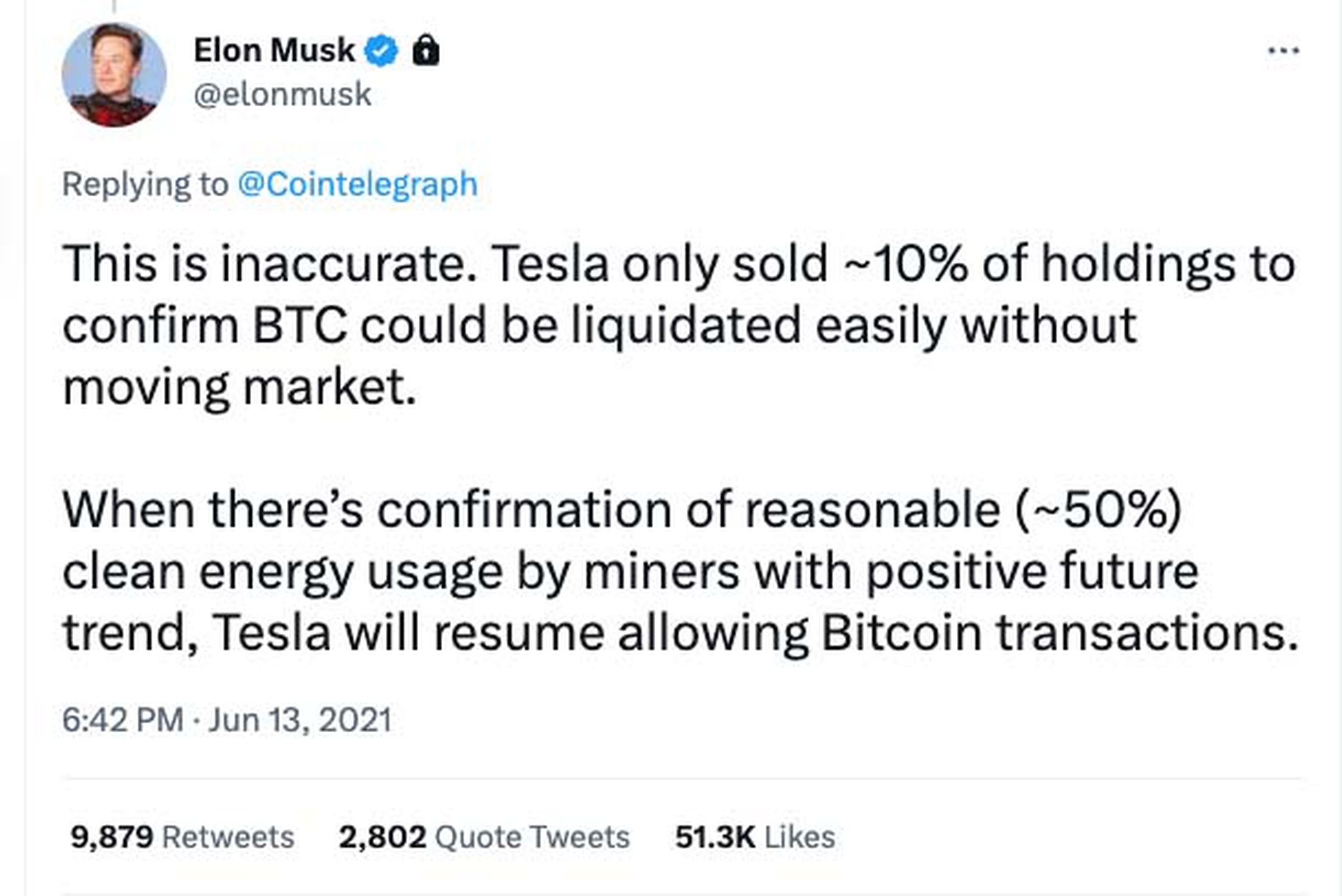 Screenshot of Elon Musk tweet saying tesla has sold 10 percent of its bitcoin.