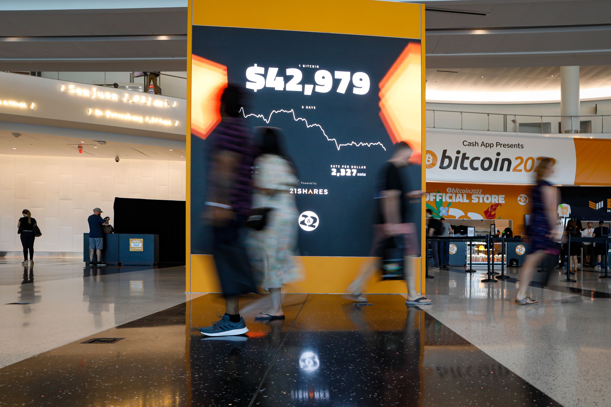 A screen displaying the price of Bitcoin during the Bitcoin 2022 conference in Miami, Florida, U.S., on Friday, April 8, 2022.