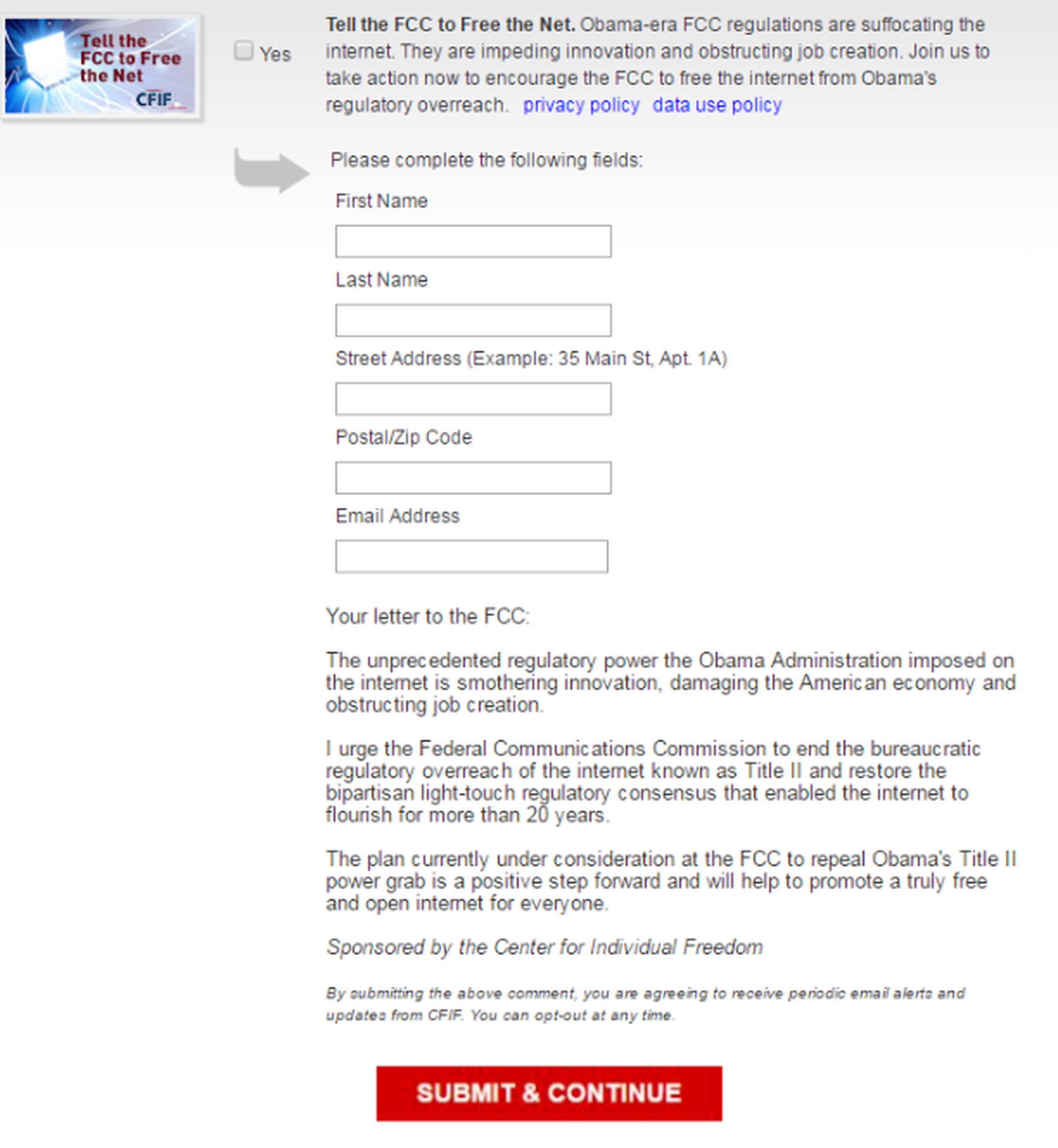 Center for Individual Freedom net neutrality form