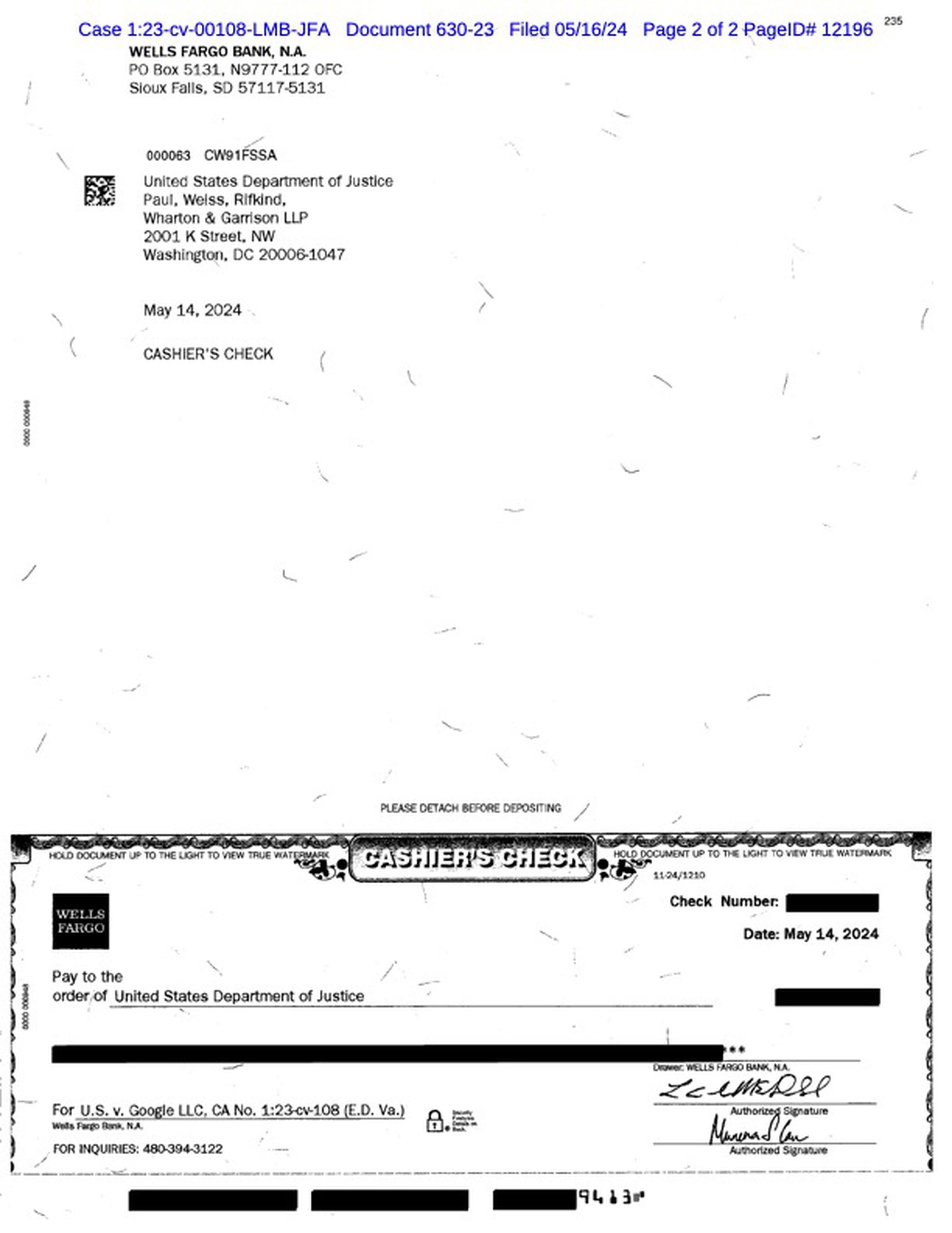 A page from a legal filing featuring a black and white photocopy of a cashier’s check. The amount is redacted.