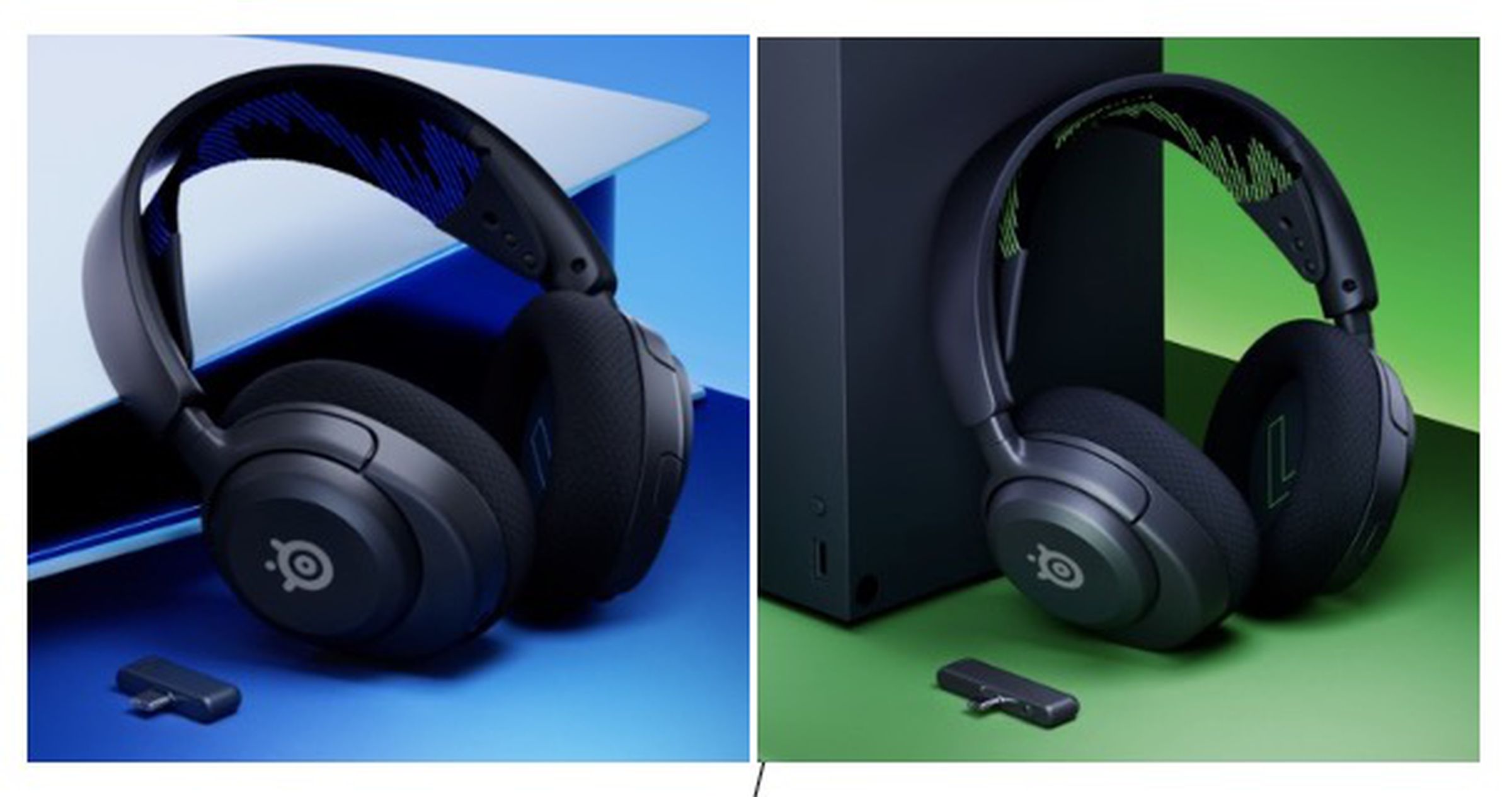 A picture of the PlayStation and Xbox-specific models of SteelSeries’ Arctis Nova 4 gaming headset leaning against their respective consoles.