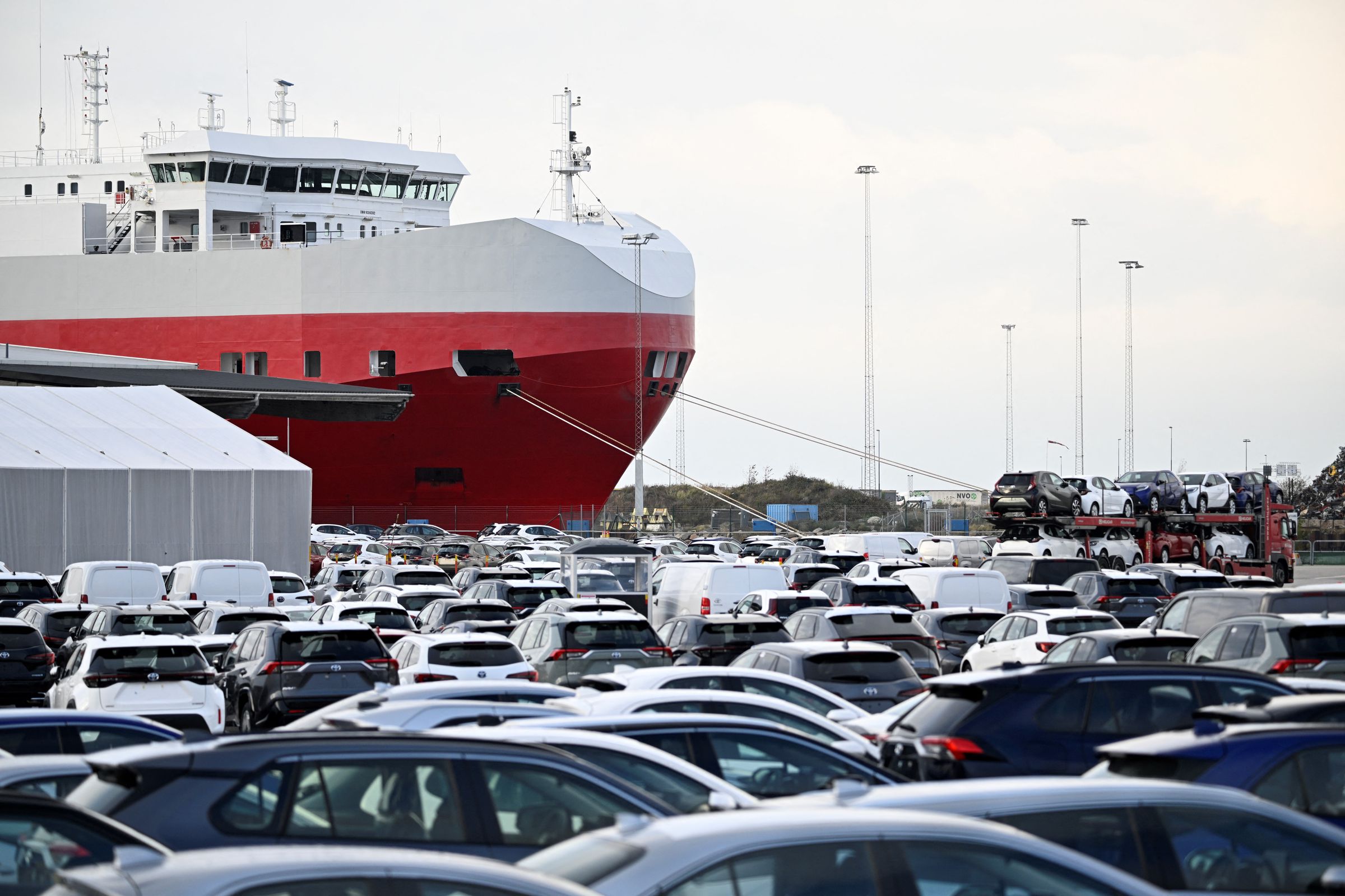 Tesla vehicles at a port in Sweden
