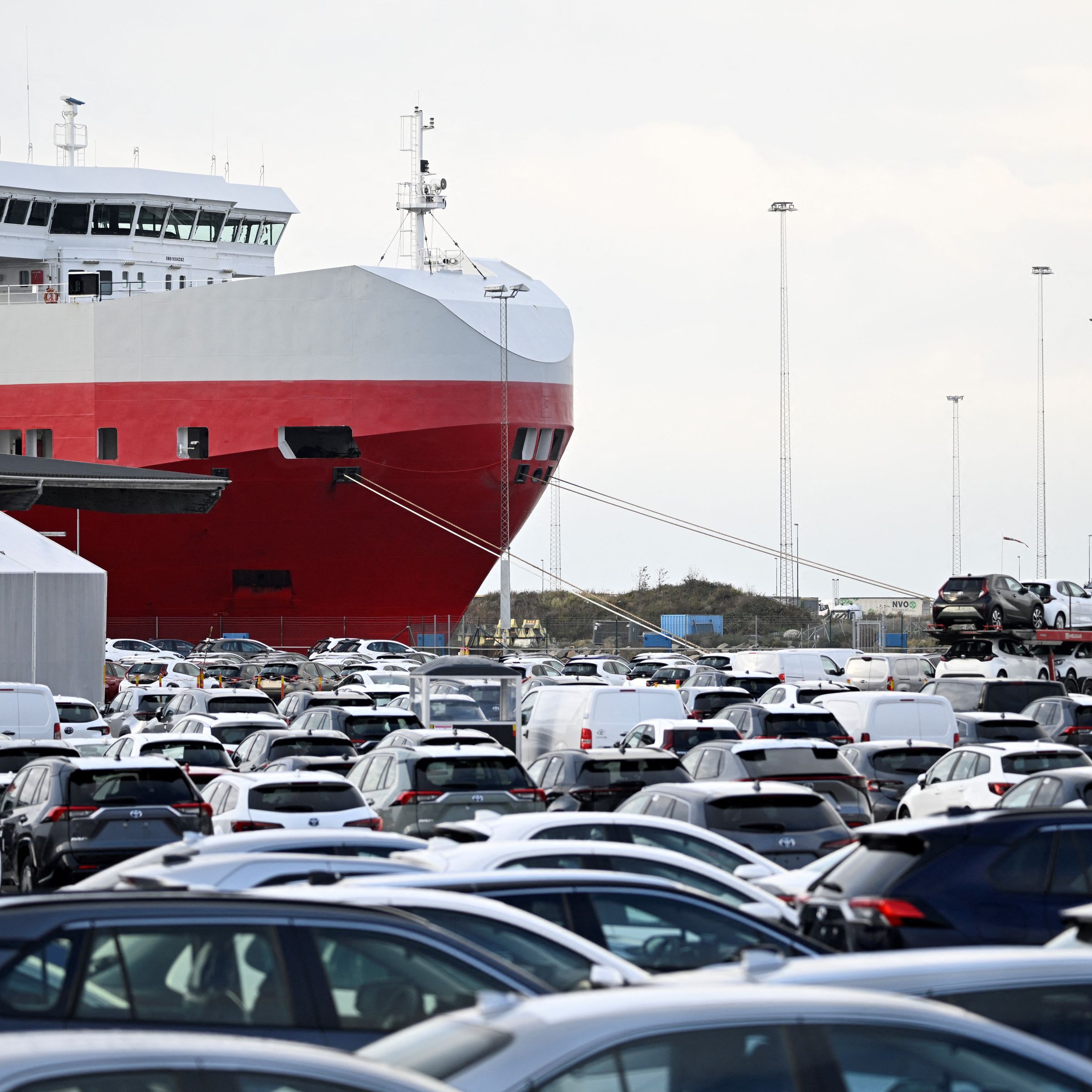 Tesla vehicles at a port in Sweden