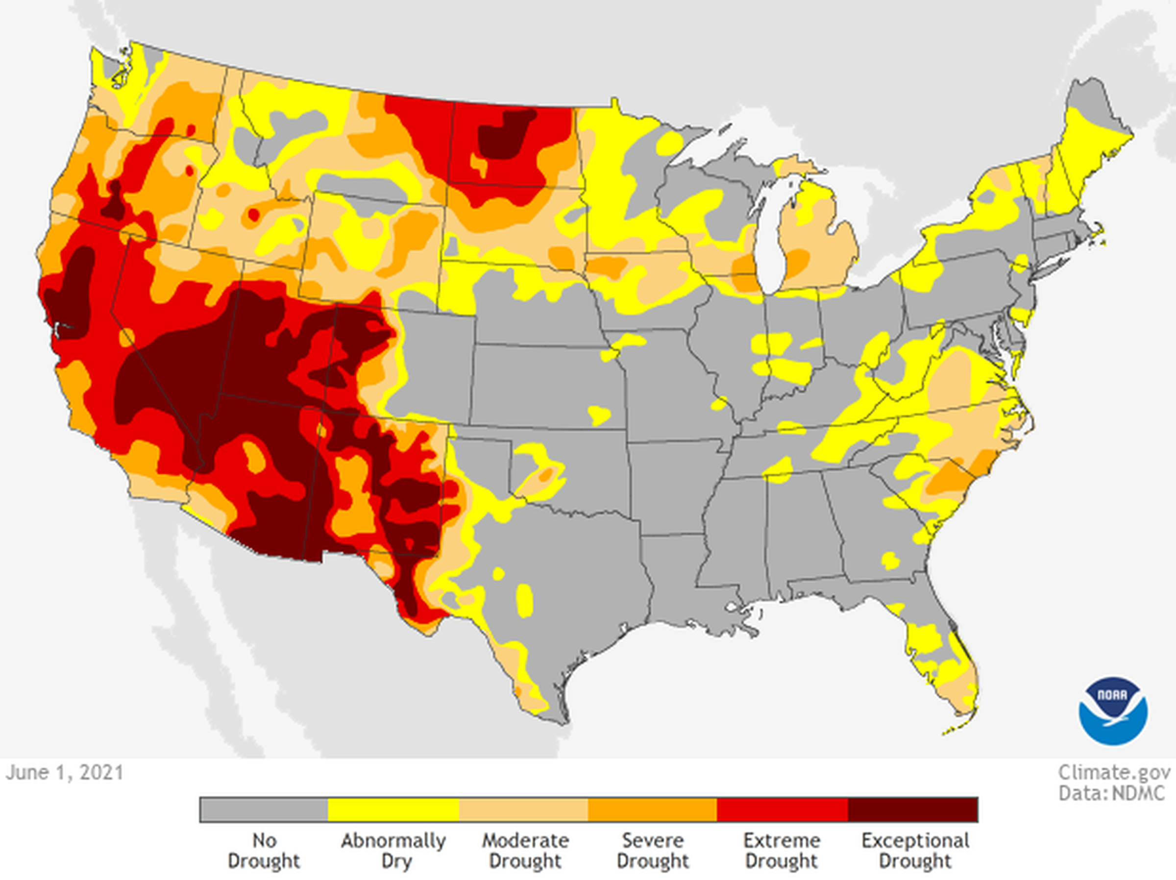 A snapshot of the National Oceanic and Atmospheric Administration Drought Monitor on June 1st, 2021.