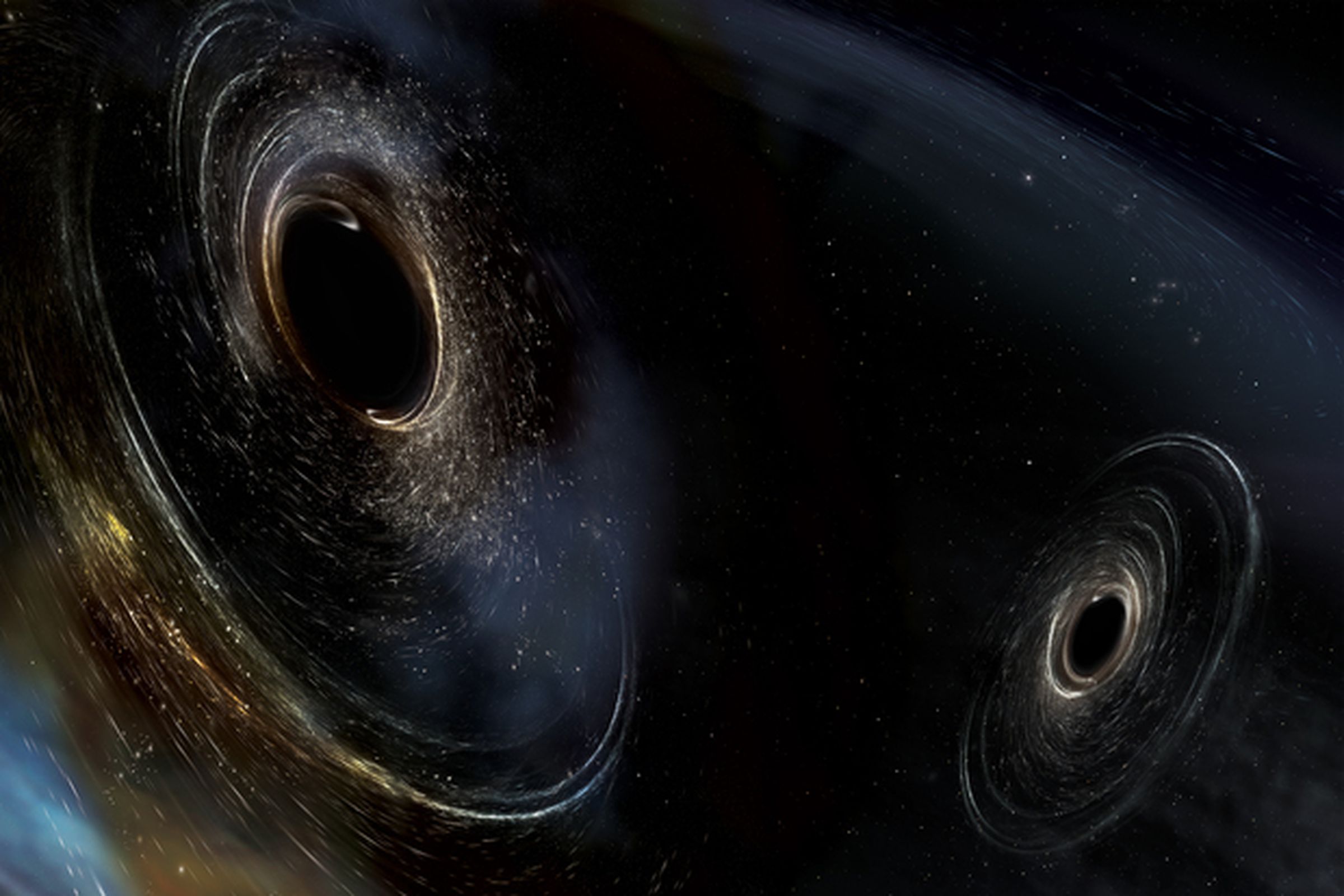 light swirls around two black points in space, one larger than the other