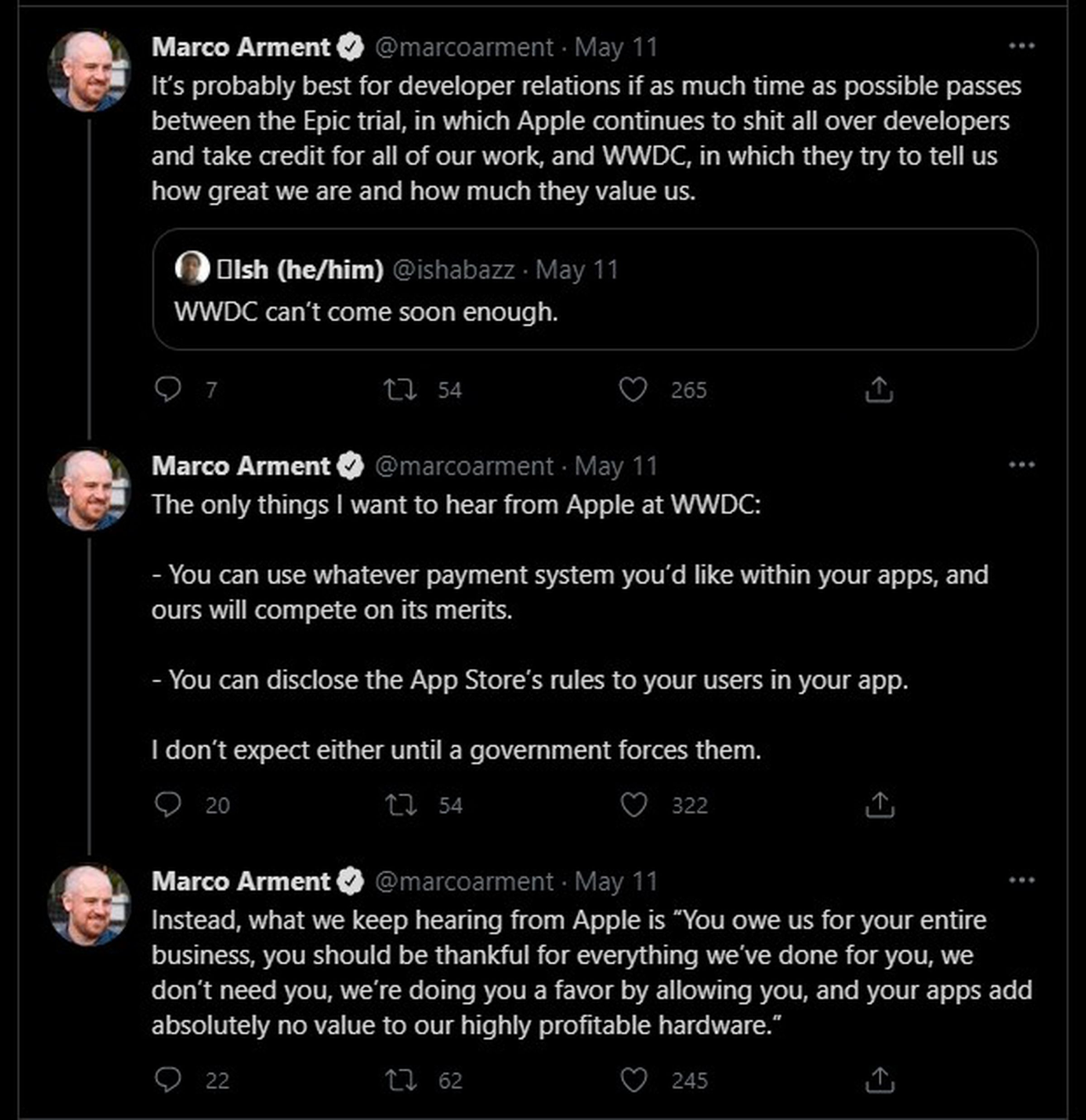 Marco Arment’s tweets on May 11th slam Apple for shitting on developers