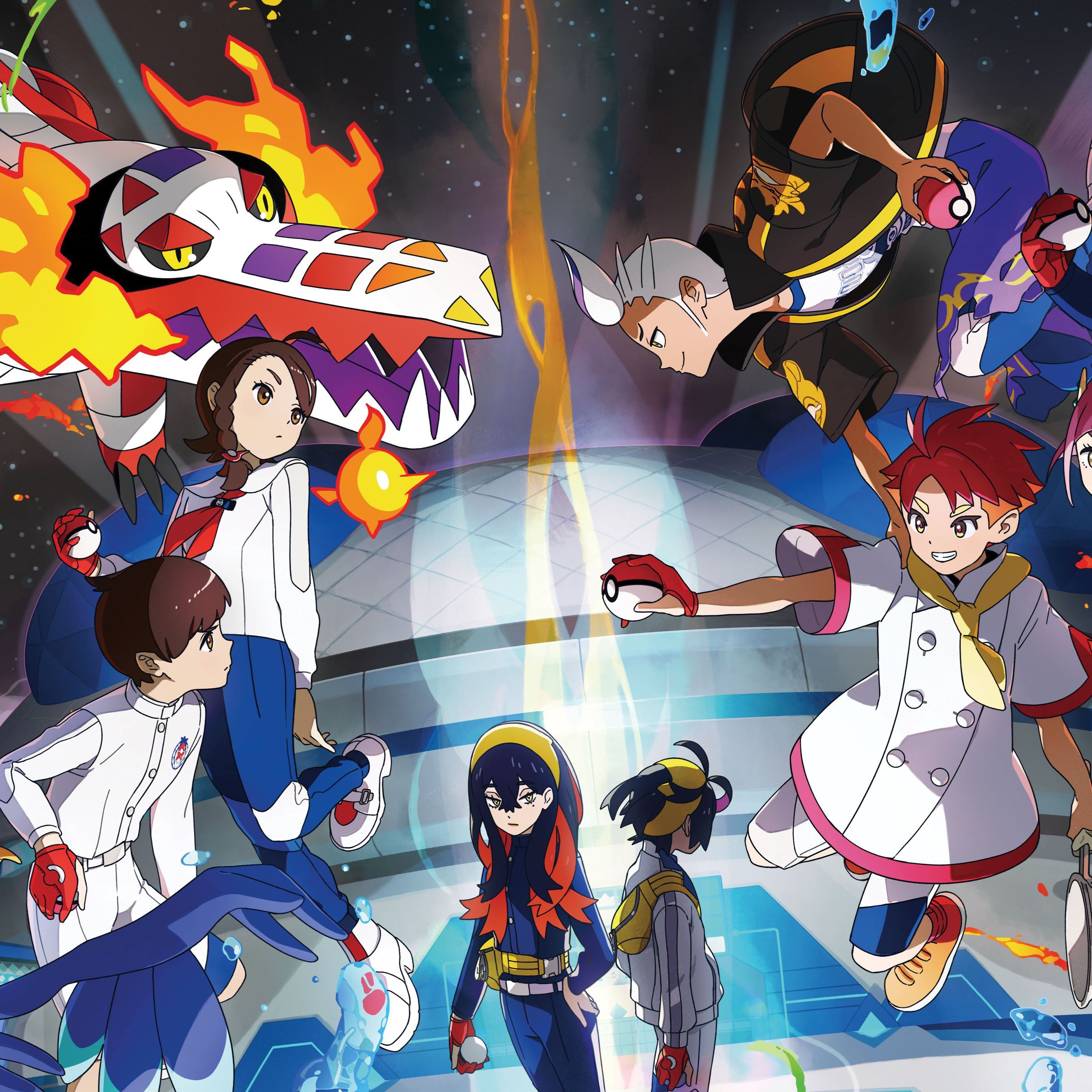 A group of student pokémon trainers and their monster parters squaring off with a group of older trainers and their pokémon.