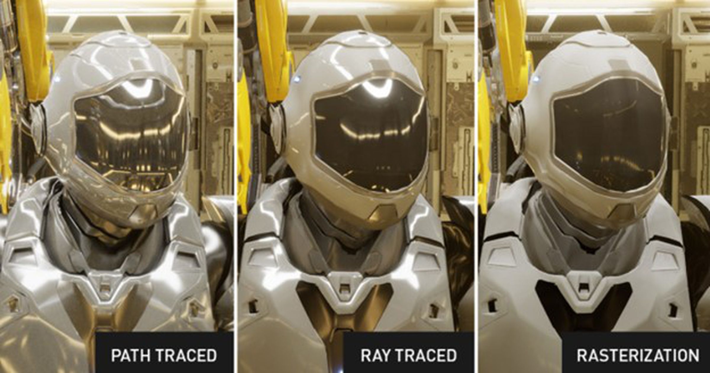 A comparison between ray tracing, path tracing, and regular rasterization.