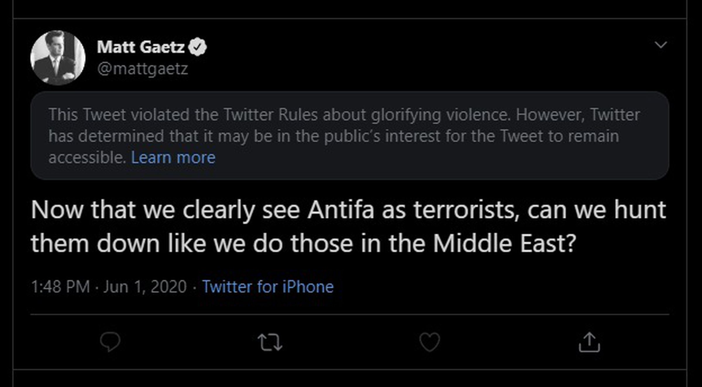 Twitter restricted a tweet from Rep. Matt Gaetz (R-FL) Monday for glorifying violence