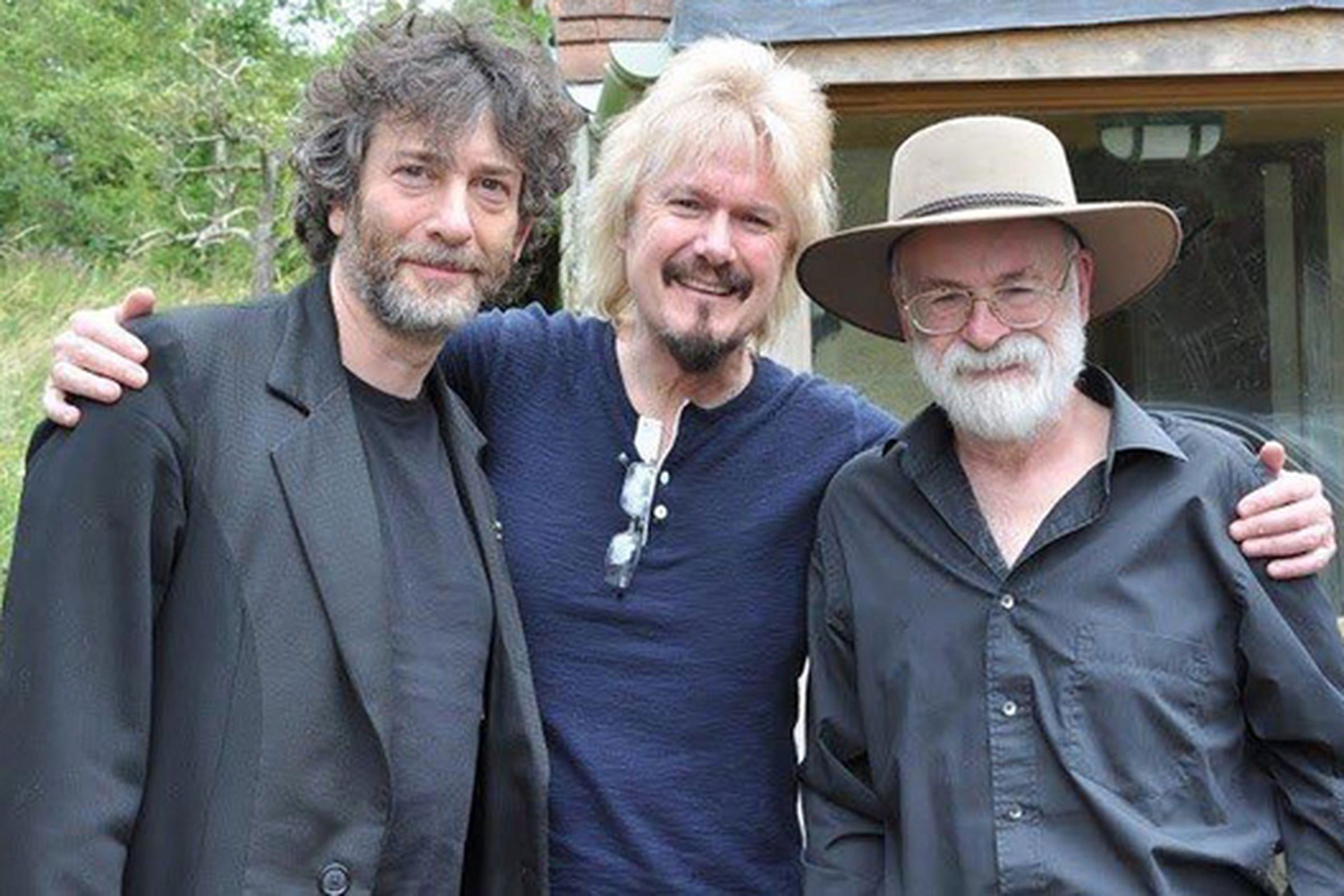 Neil Gaiman, Dirk Maggs and Terry Pratchett pose for the BBC's radio adaptation of 'Good Omens'