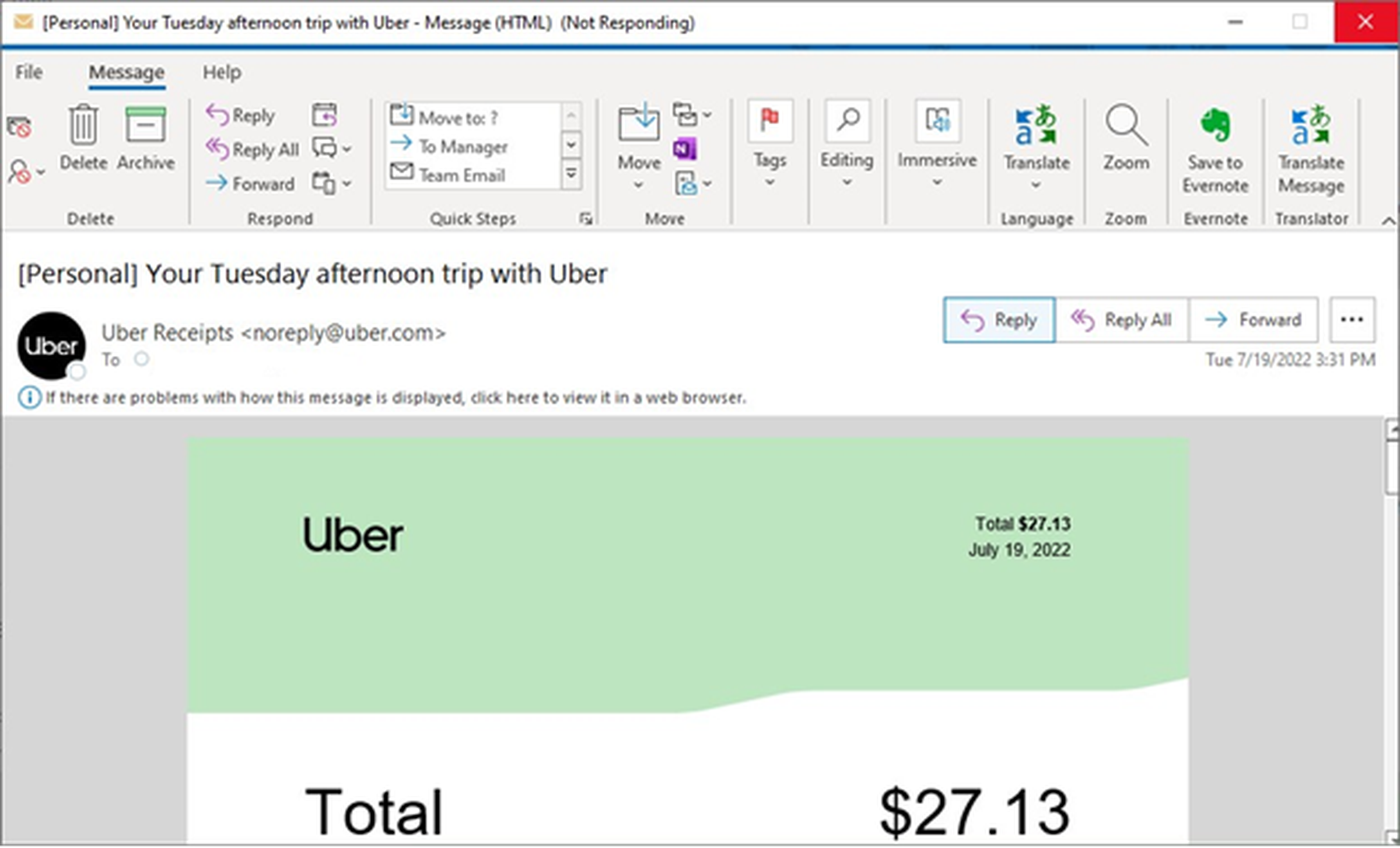 Outlook crashing on Windows when reviewing an Uber email receipt.