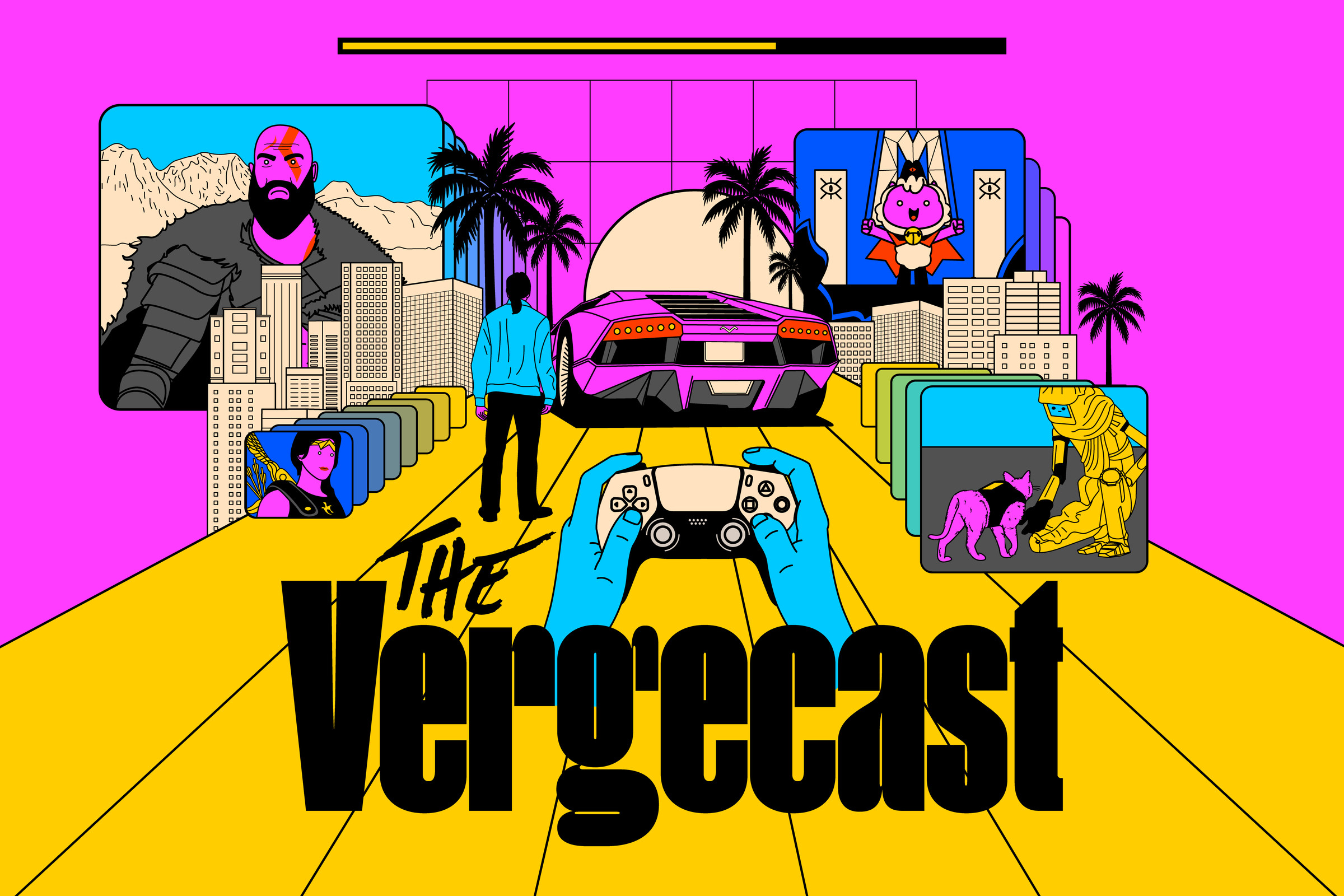 An illustrated version of the Vergecast logo, with screenshots from games.