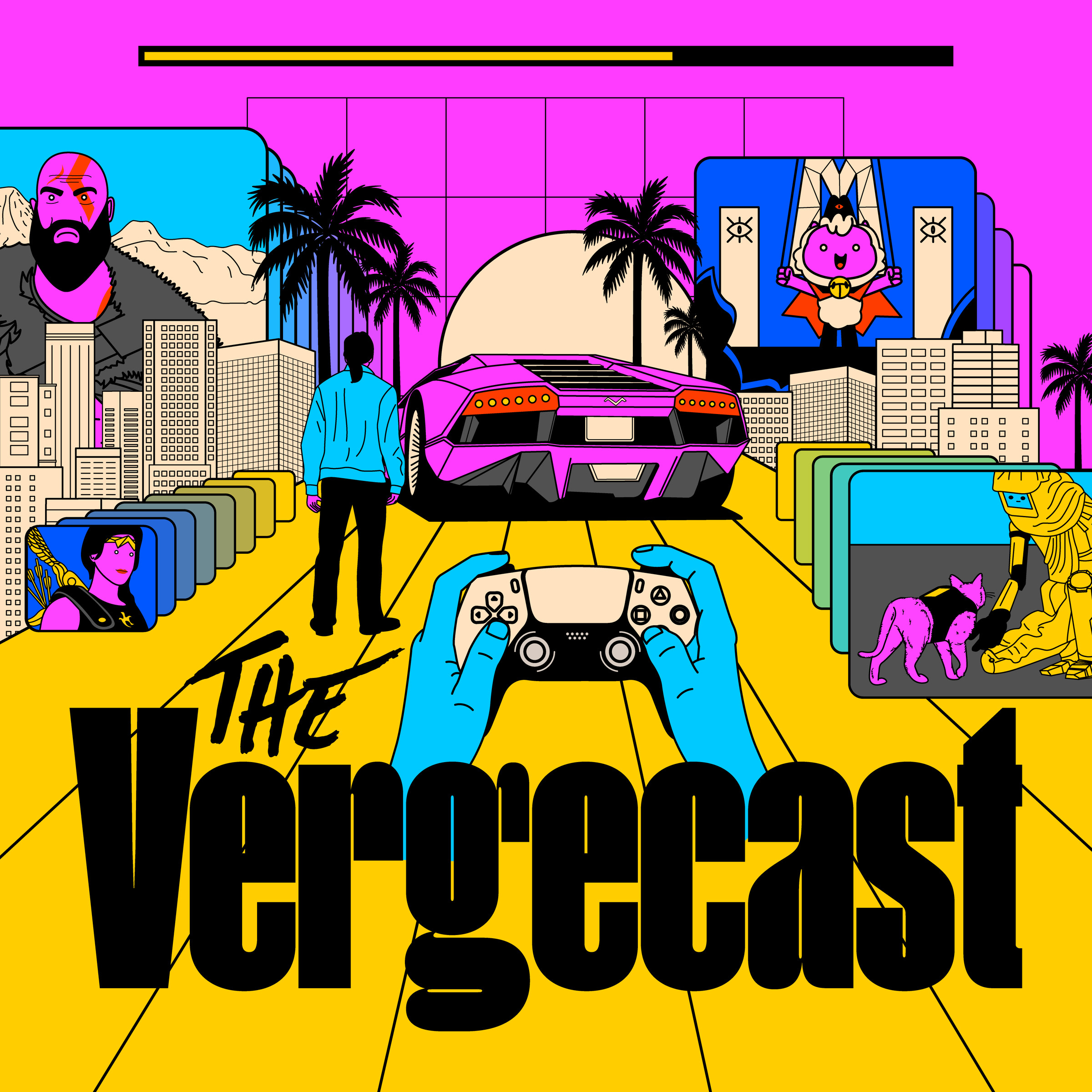 An illustrated version of the Vergecast logo, with screenshots from games.