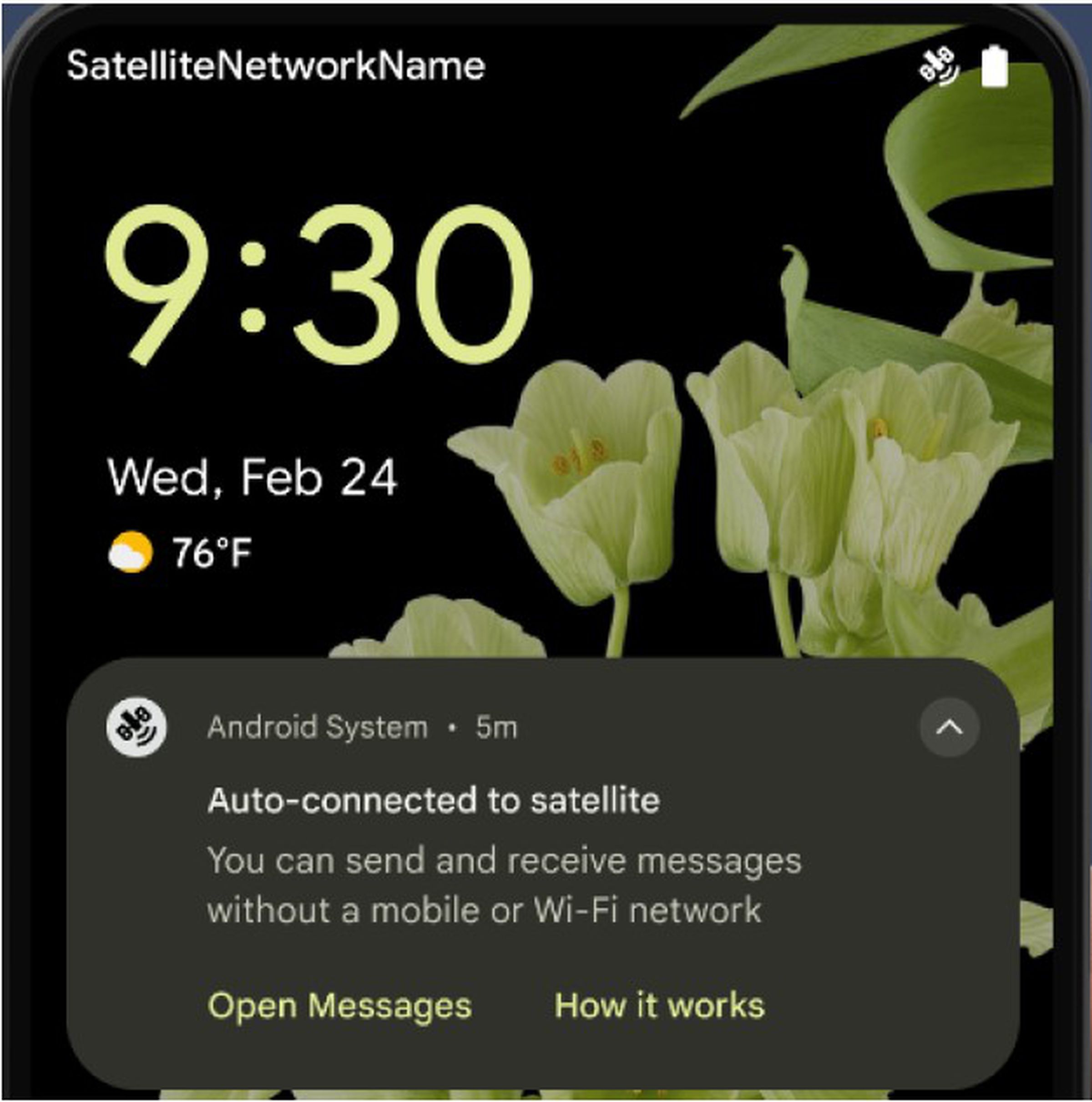 A screenshot of an Android smartphone displaying an “auto-connected to satellite” message.
