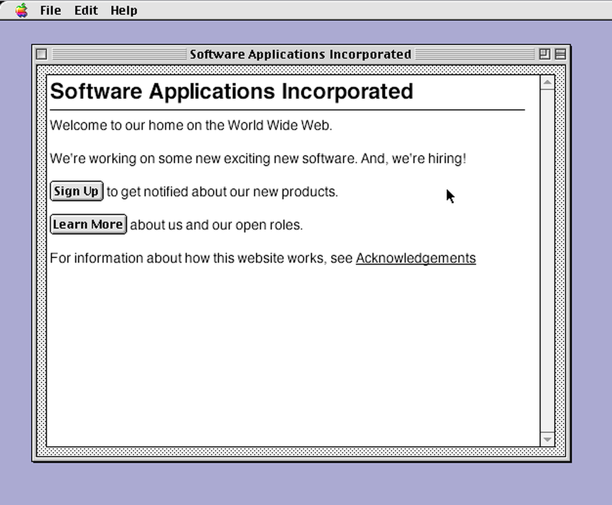 A screenshot of Software Inc’s website running Mac OS 8.