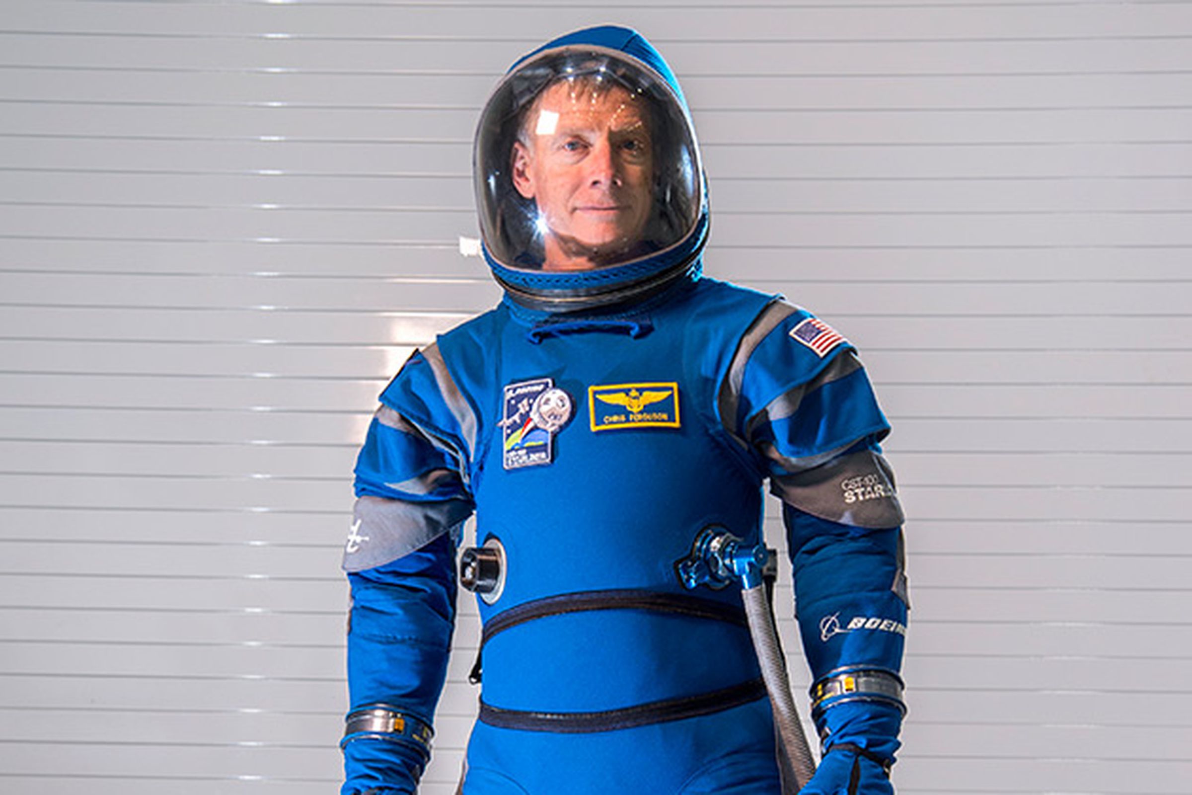 Former astronaut Chris Ferguson wearing Boeing’s new spacesuit.